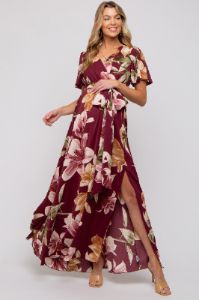 Burgundy Floral Wrap V-Neck Maternity Maxi Dress sold by Pinkblush