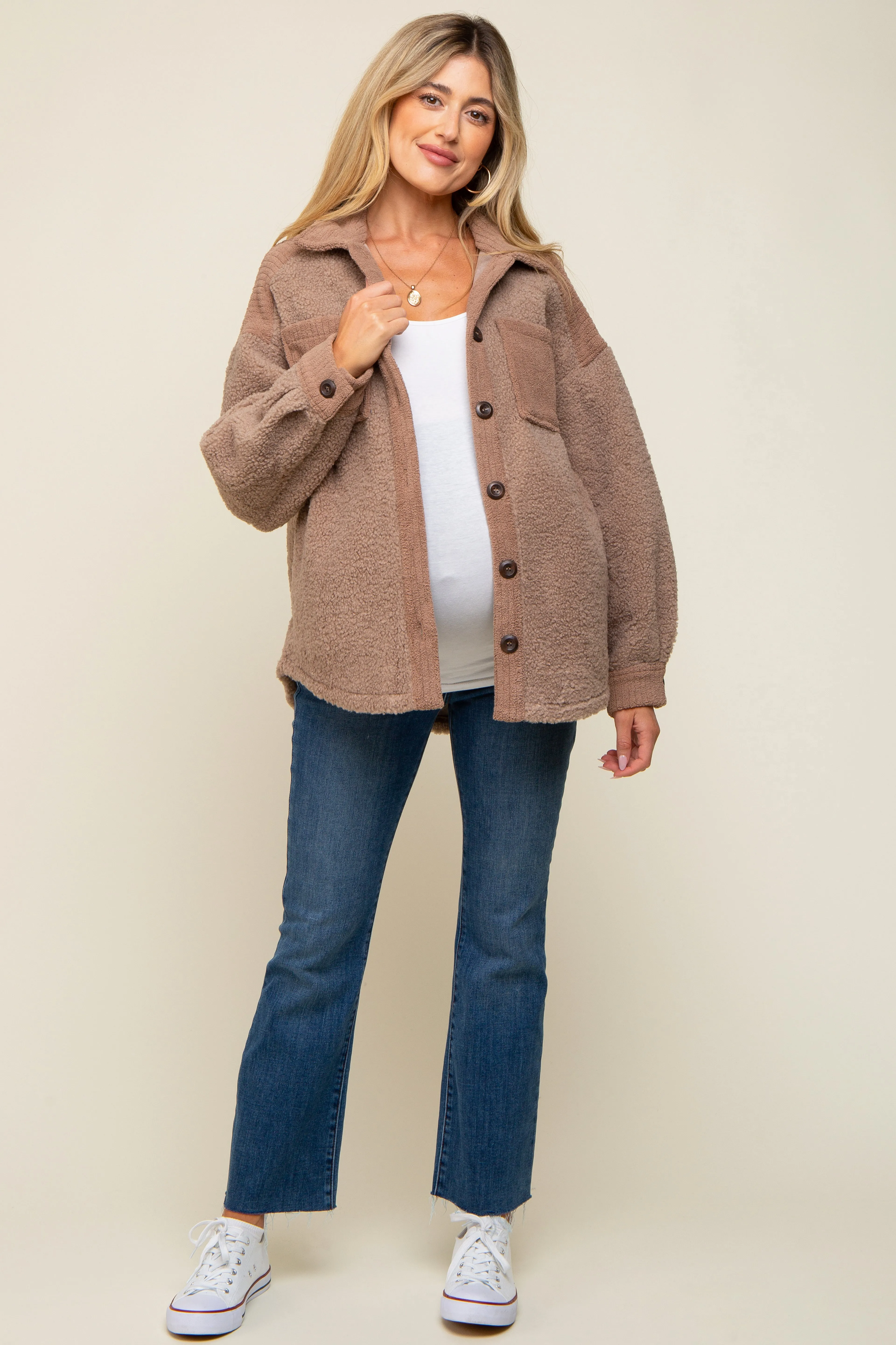 Mocha Colorblock Fleece Maternity Shirt Jacket sold by Pinkblush product image thumbnail 4