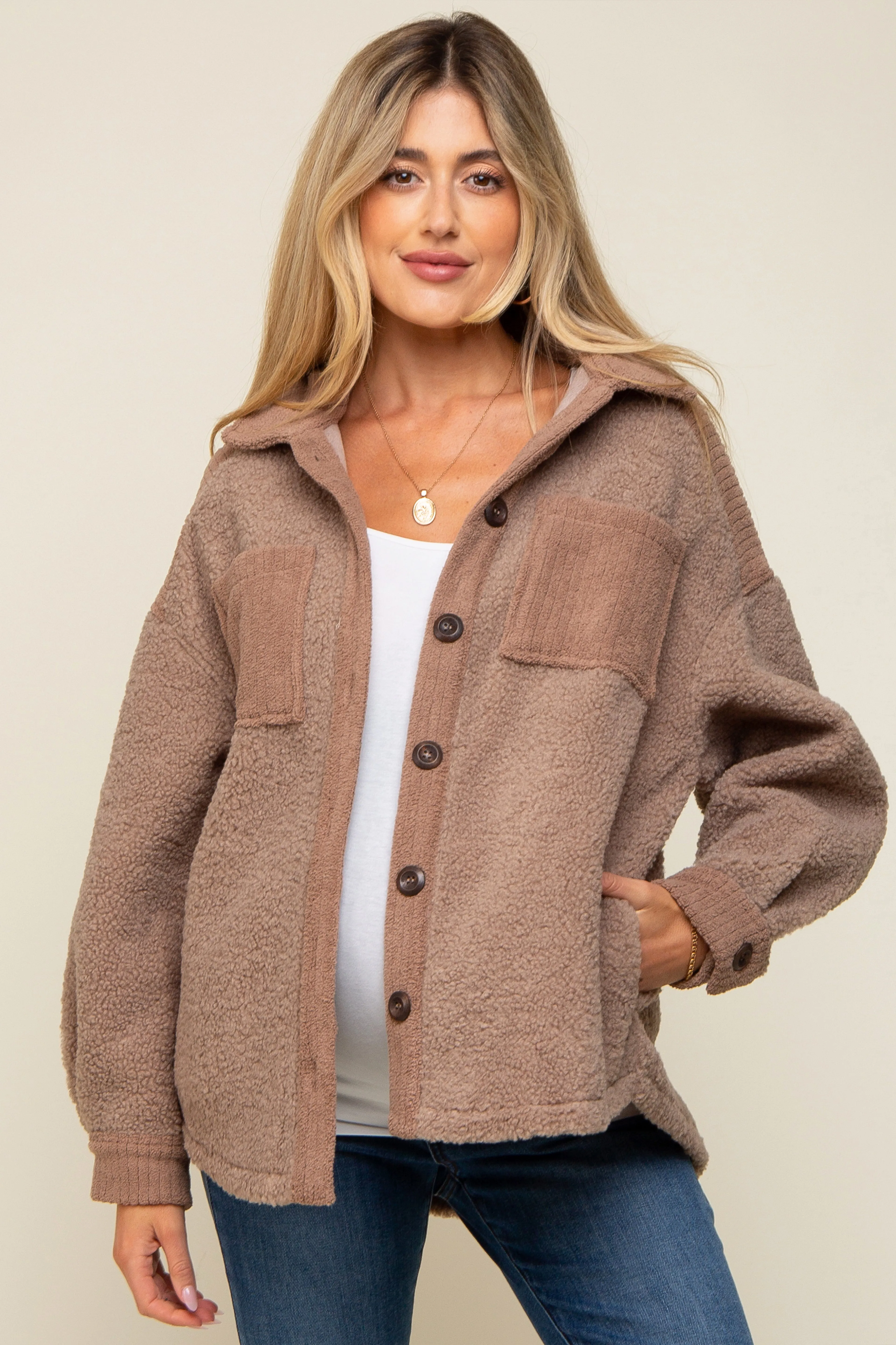 Mocha Colorblock Fleece Maternity Shirt Jacket sold by Pinkblush