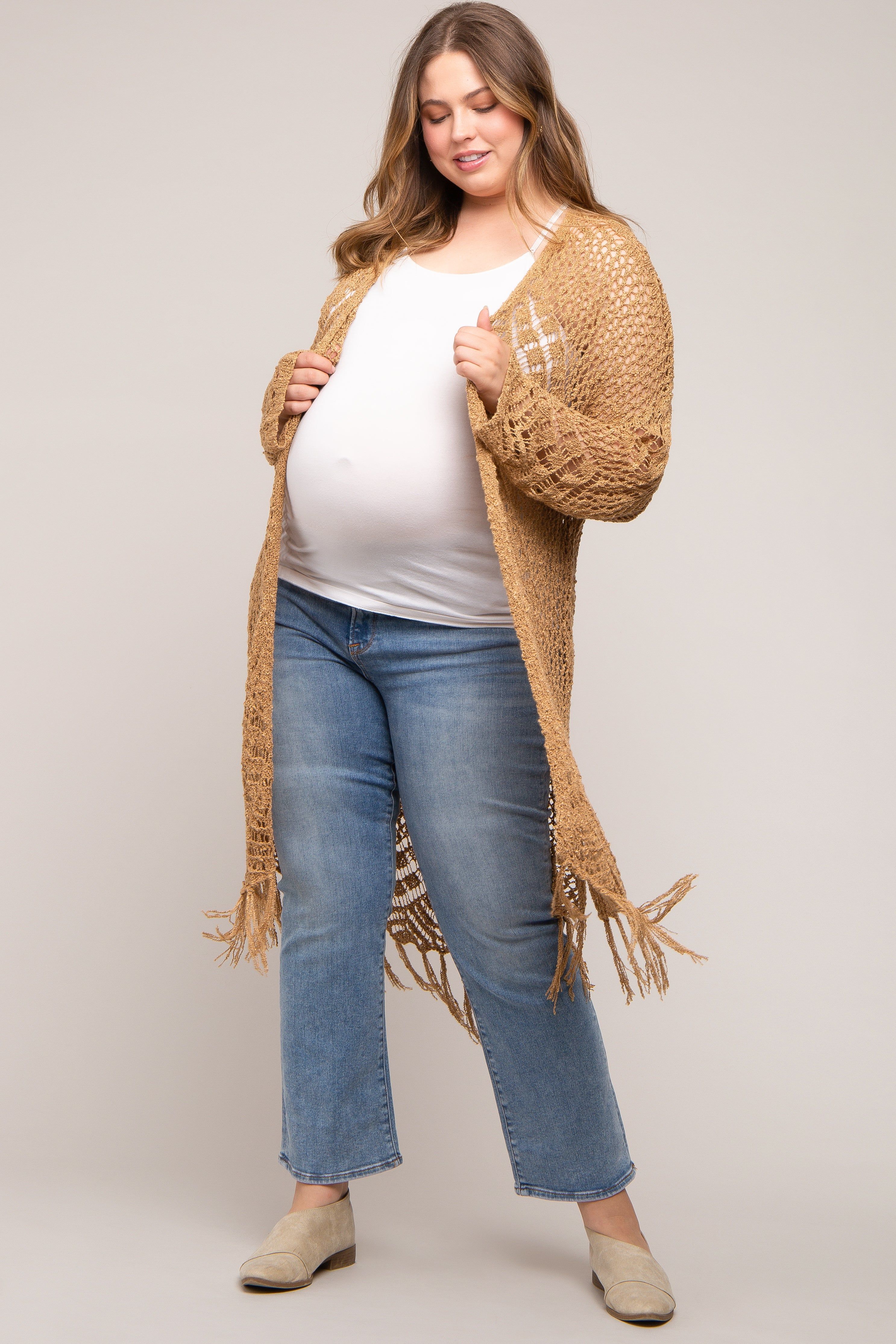 Gold Crochet Fringe Hem Maternity Plus Cardigan sold by Pinkblush