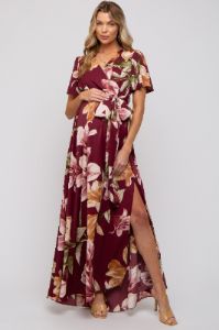 Burgundy Floral Wrap V-Neck Maternity Maxi Dress sold by Pinkblush