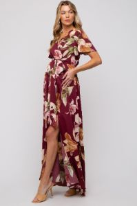Burgundy Floral Wrap V-Neck Maternity Maxi Dress sold by Pinkblush