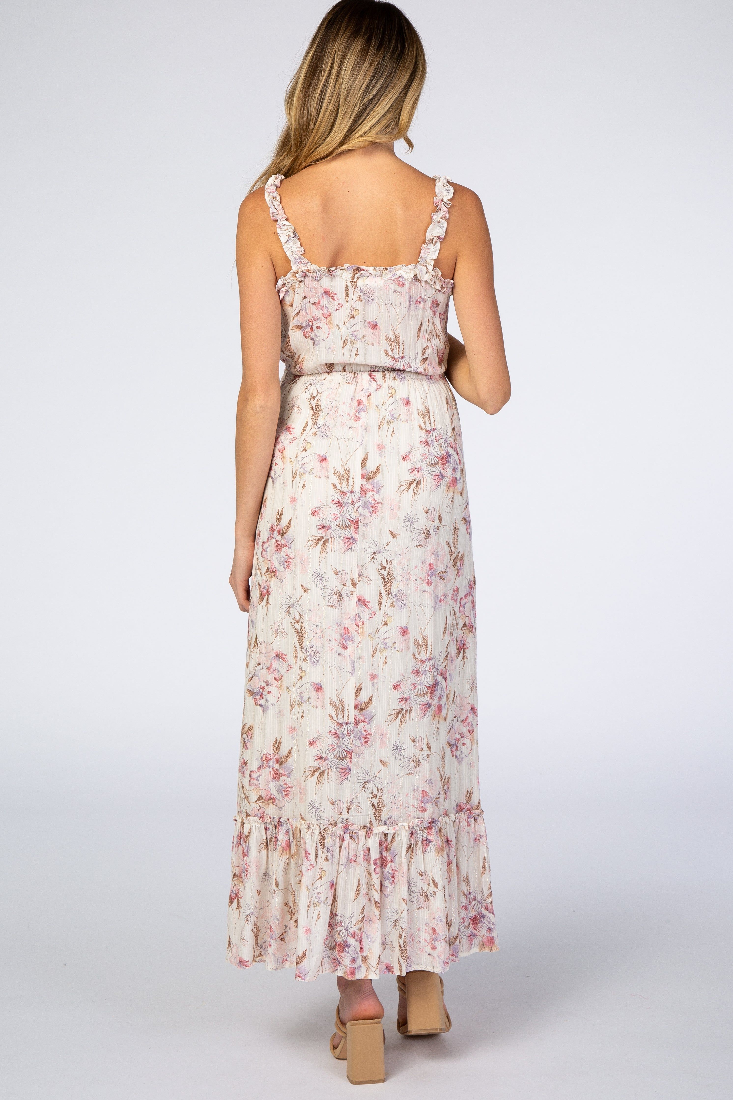 Cream Floral Shimmer Lace-Up Maternity Maxi Dress sold by Pinkblush product image thumbnail 5