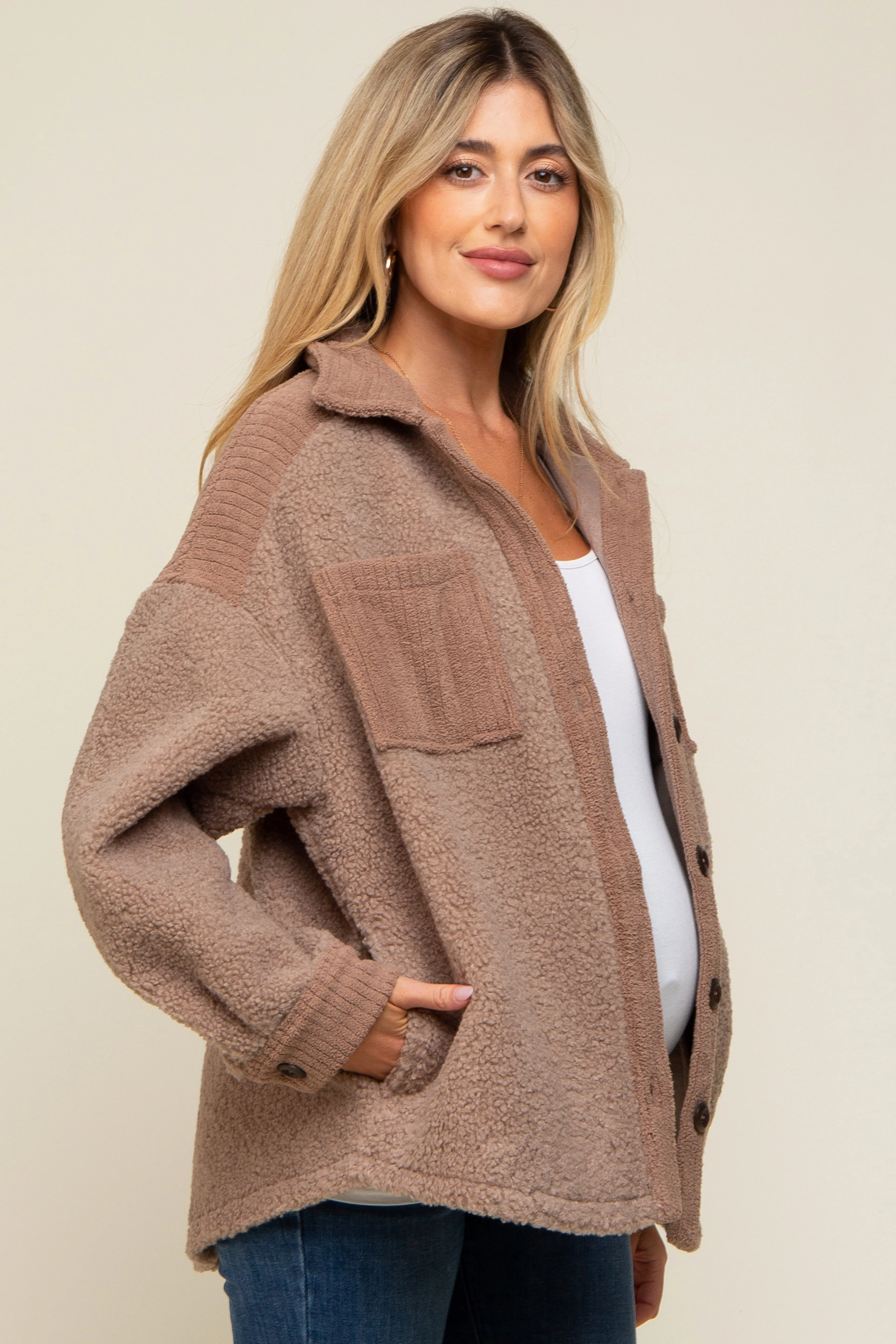 Mocha Colorblock Fleece Maternity Shirt Jacket sold by Pinkblush product image thumbnail 2