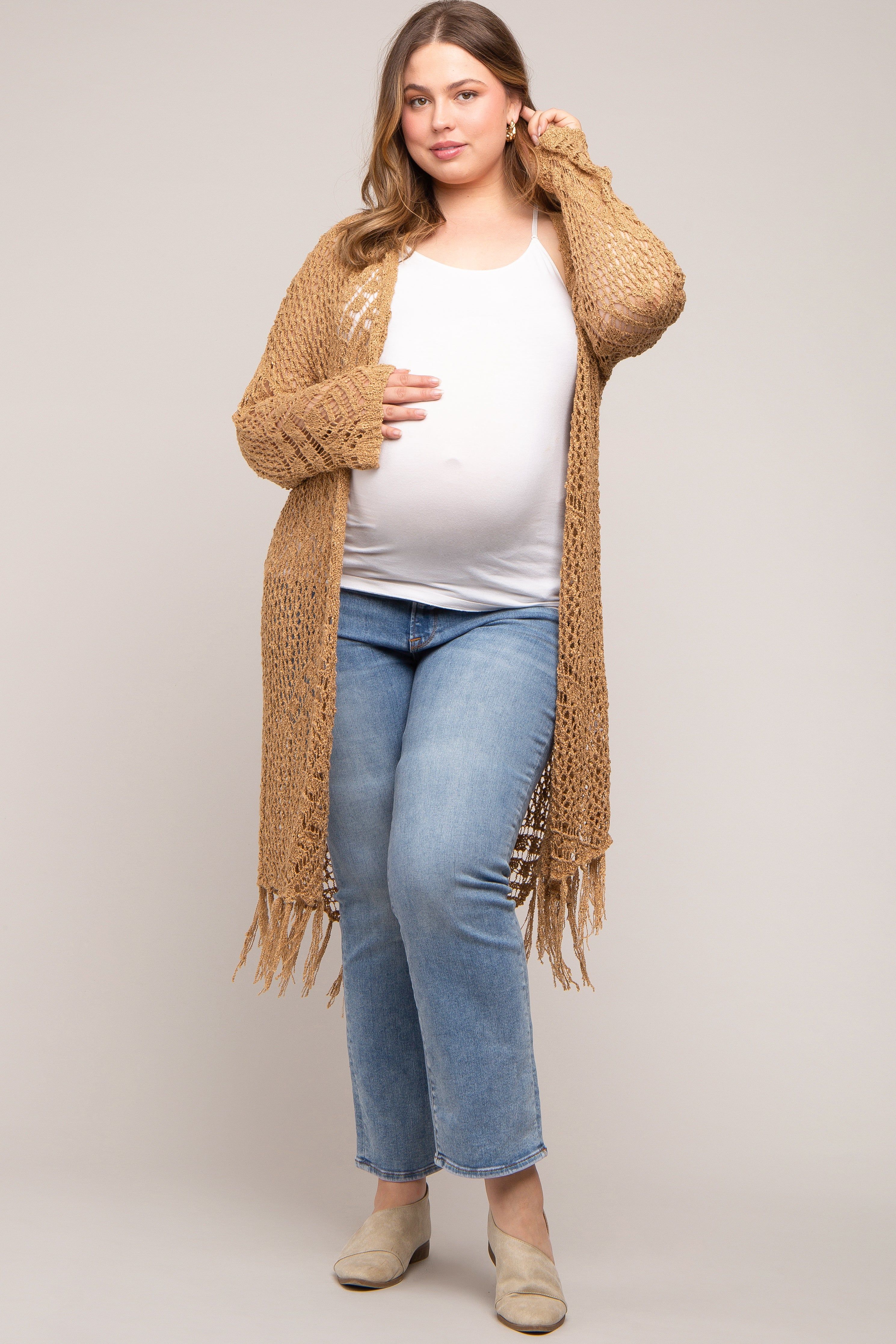 Gold Crochet Fringe Hem Maternity Plus Cardigan sold by Pinkblush product image thumbnail 2