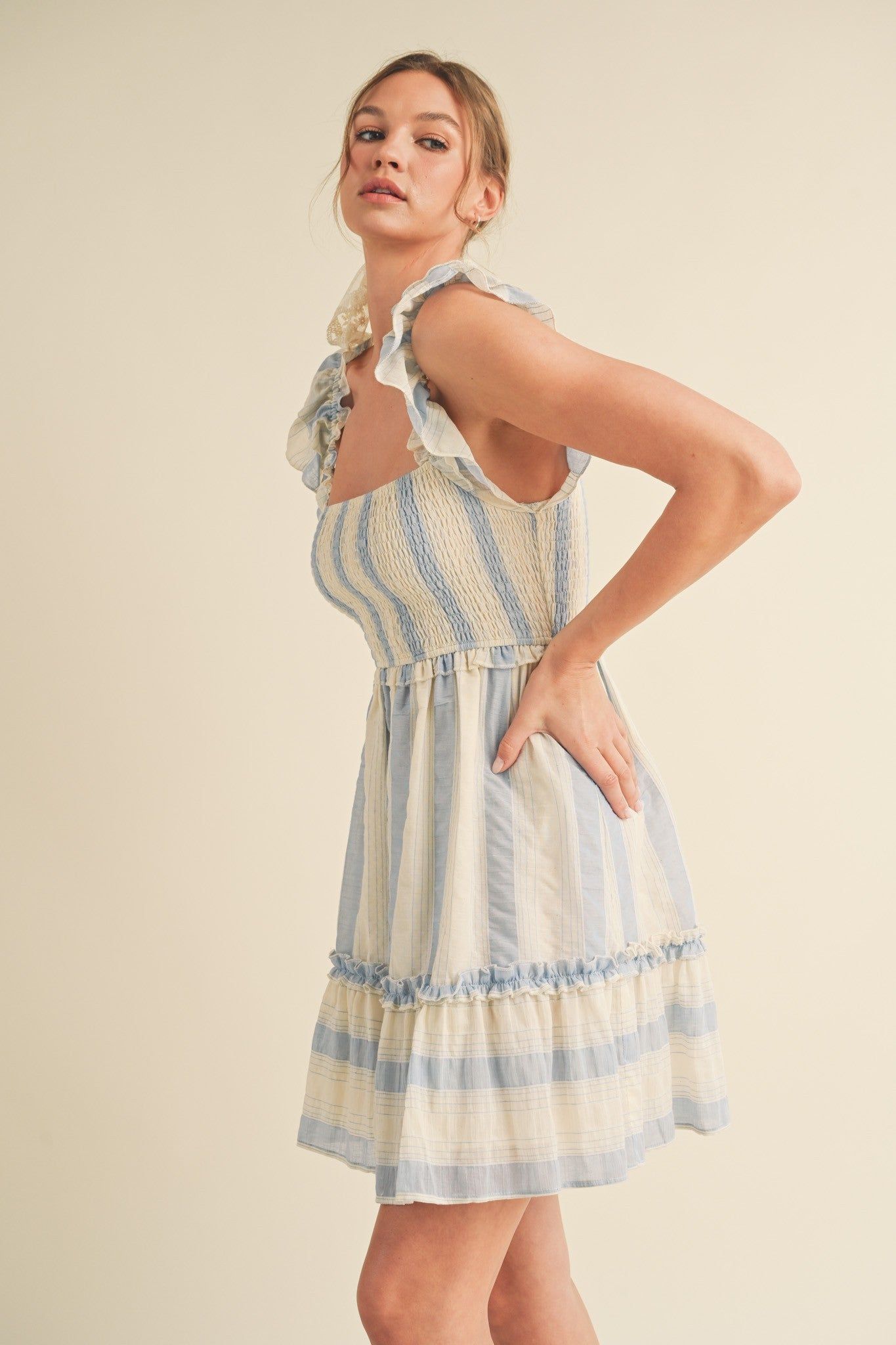 Sky Blue Layered Flutter Sleeve Striped Mini Dress sold by Pinkblush product image thumbnail 3