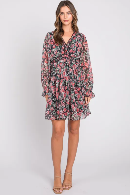 Black Floral Ruffle Accent Dress sold by Pinkblush