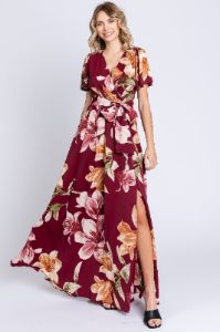Burgundy Floral Wrap V-Neck Maternity Maxi Dress sold by Pinkblush