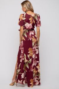 Burgundy Floral Wrap V-Neck Maternity Maxi Dress sold by Pinkblush