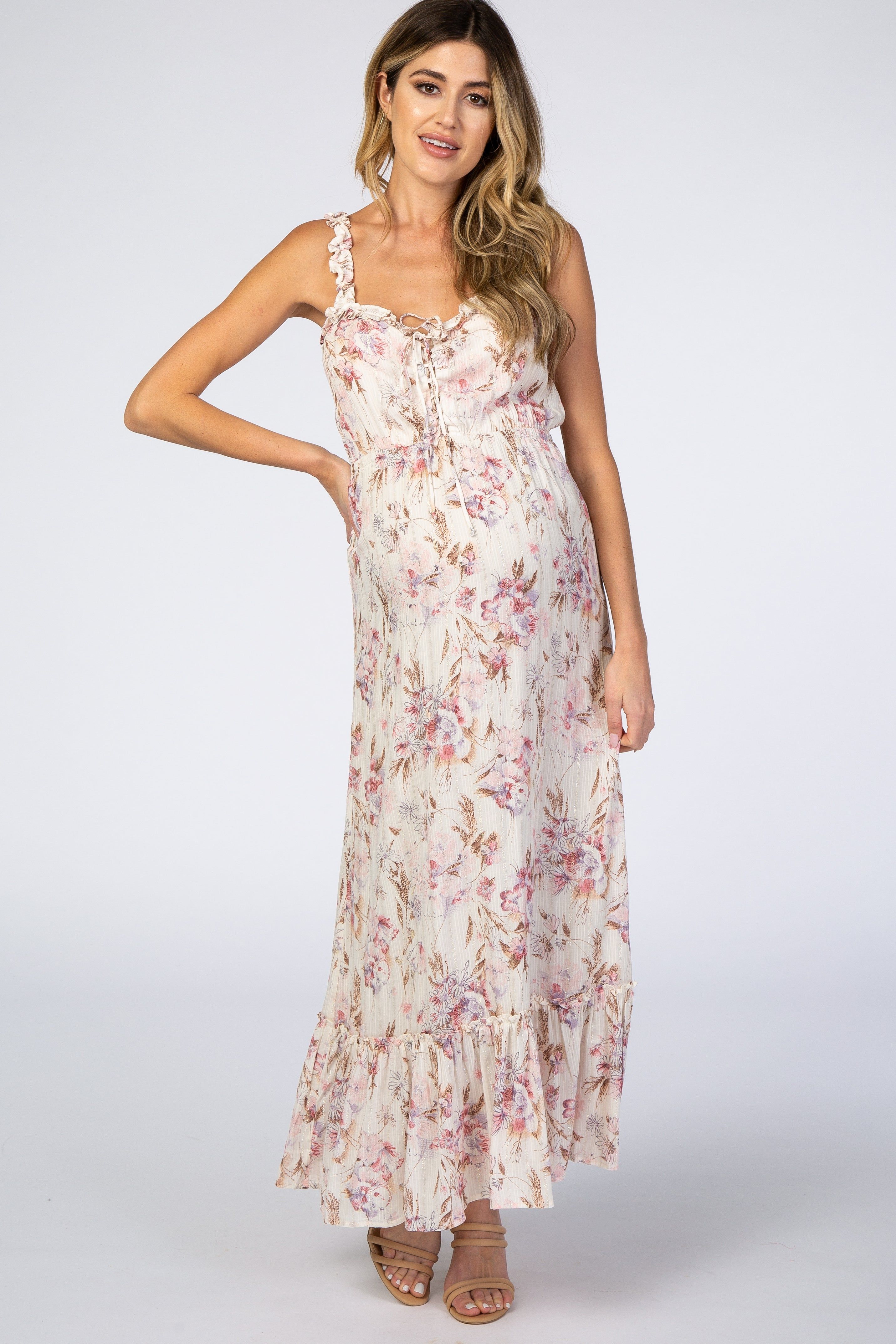 Cream Floral Shimmer Lace-Up Maternity Maxi Dress sold by Pinkblush product image thumbnail 3
