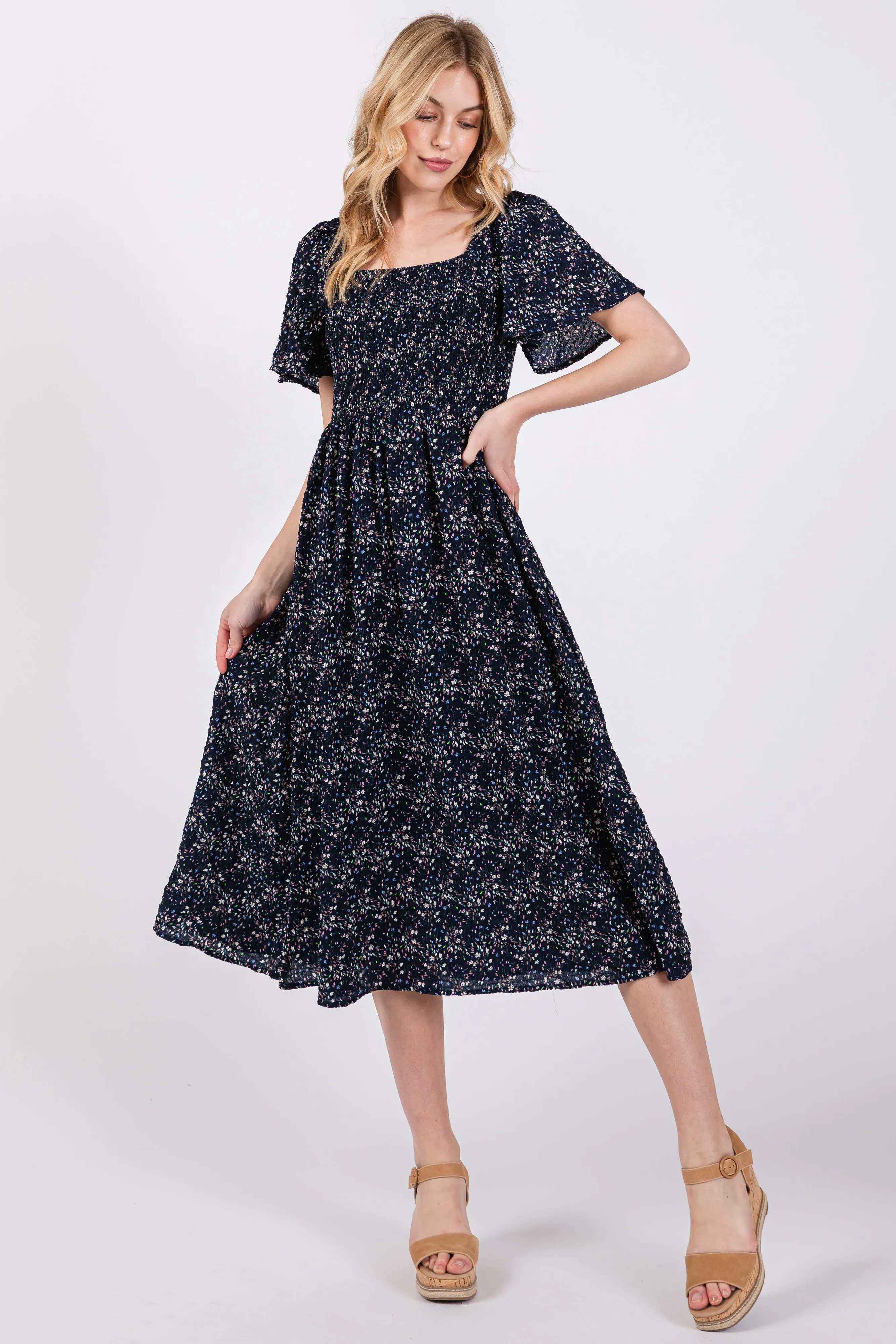 Navy Floral Square Neck Smocked Maternity Midi Dress sold by Pinkblush product image thumbnail 5