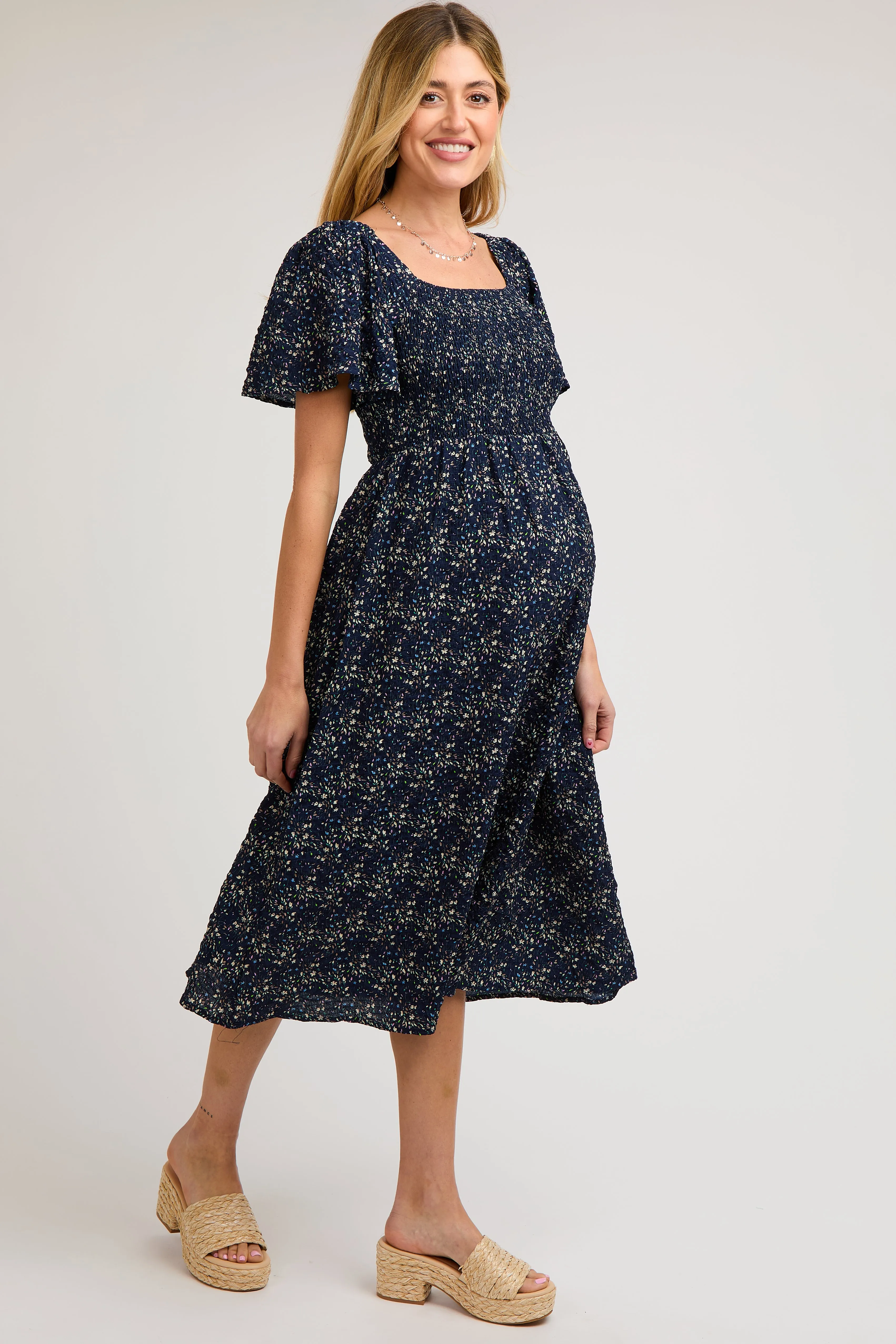 Navy Floral Square Neck Smocked Maternity Midi Dress sold by Pinkblush product image thumbnail 2