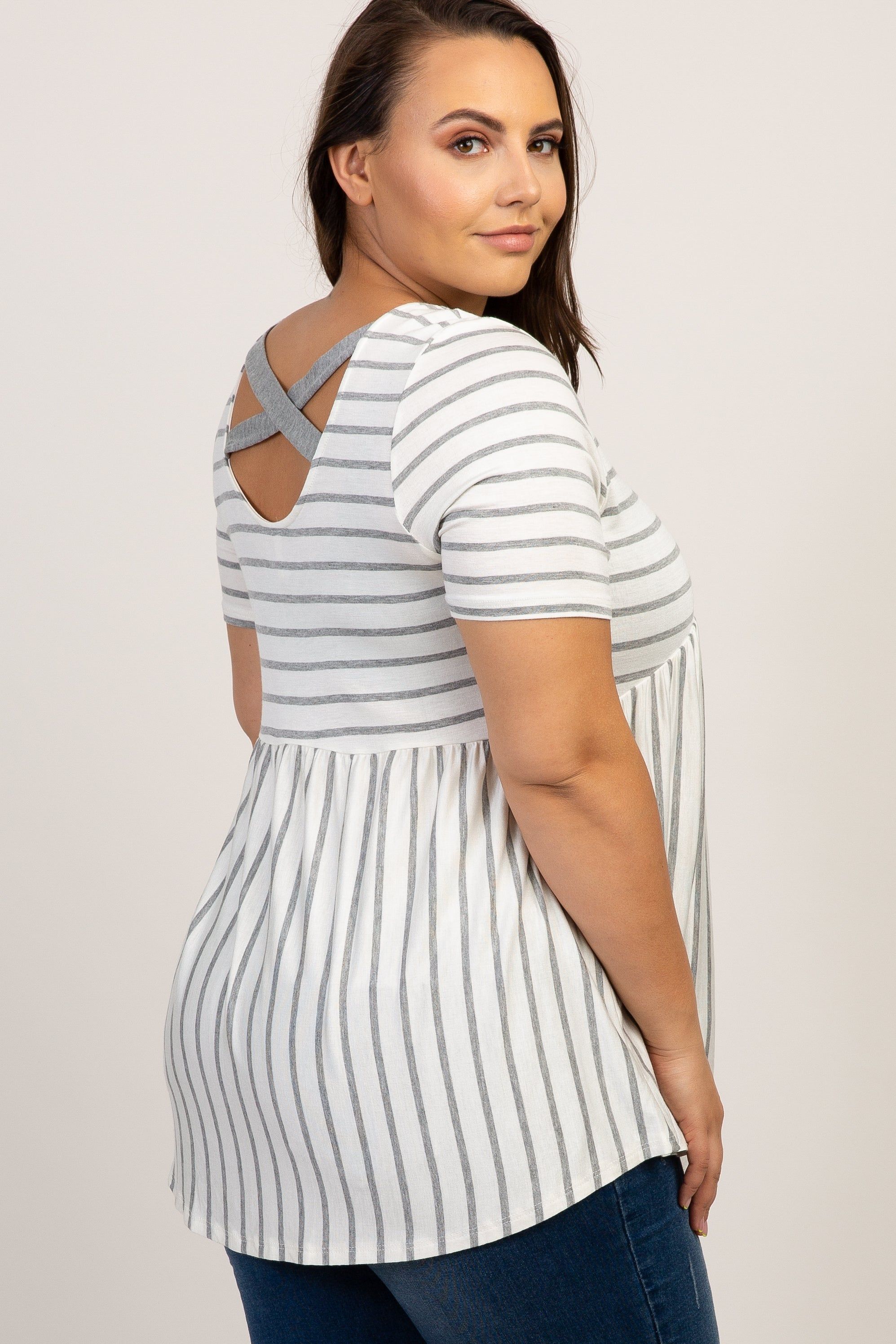 PinkBlush Grey Striped Crisscross Peplum Plus Top sold by Pinkblush