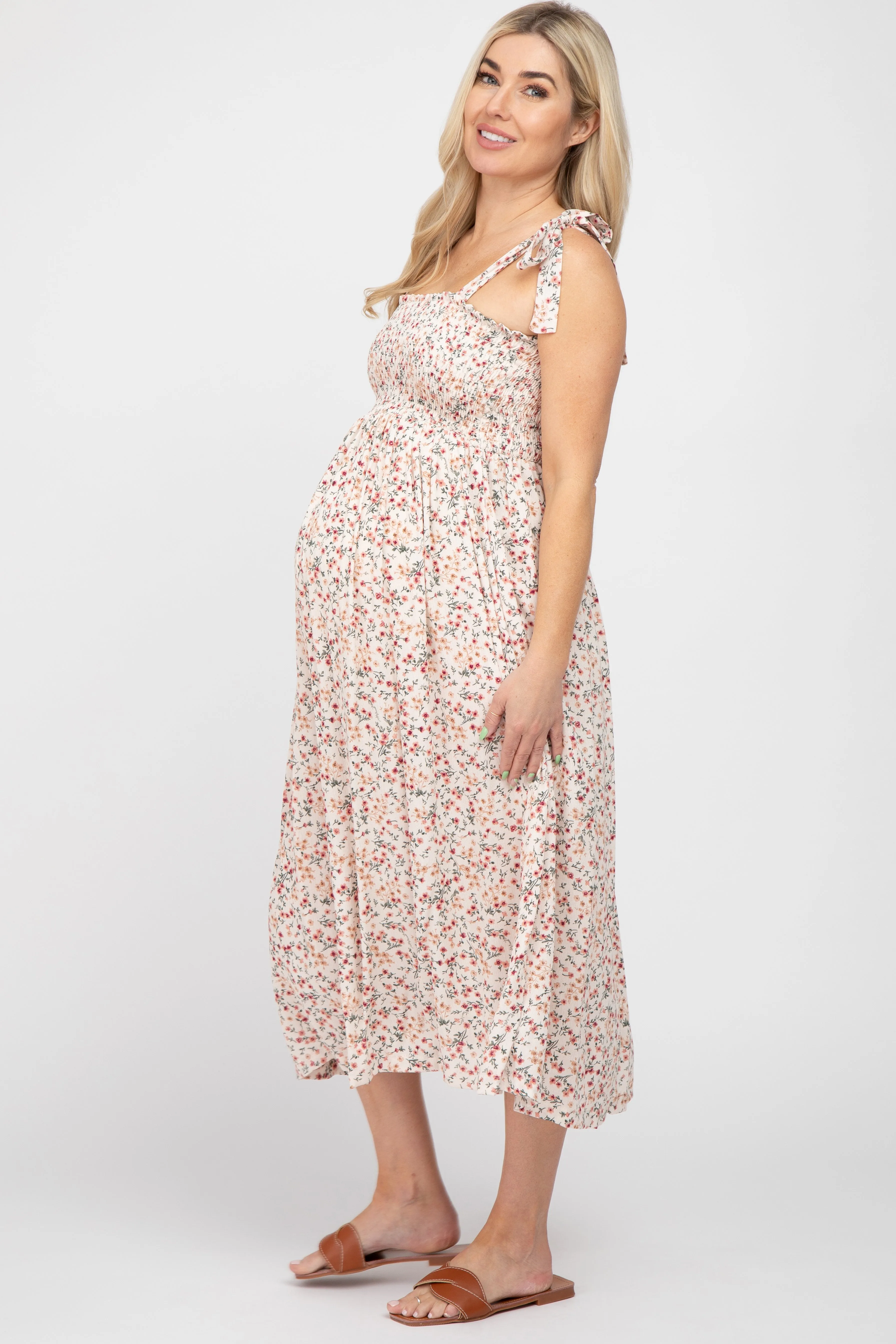 Cream Floral Smocked Tie Strap Maternity Midi Dress sold by Pinkblush product image thumbnail 2
