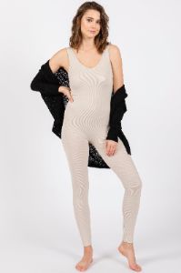 Beige V-Neck Seamless Ribbed Fitted Jumpsuit sold by Pinkblush