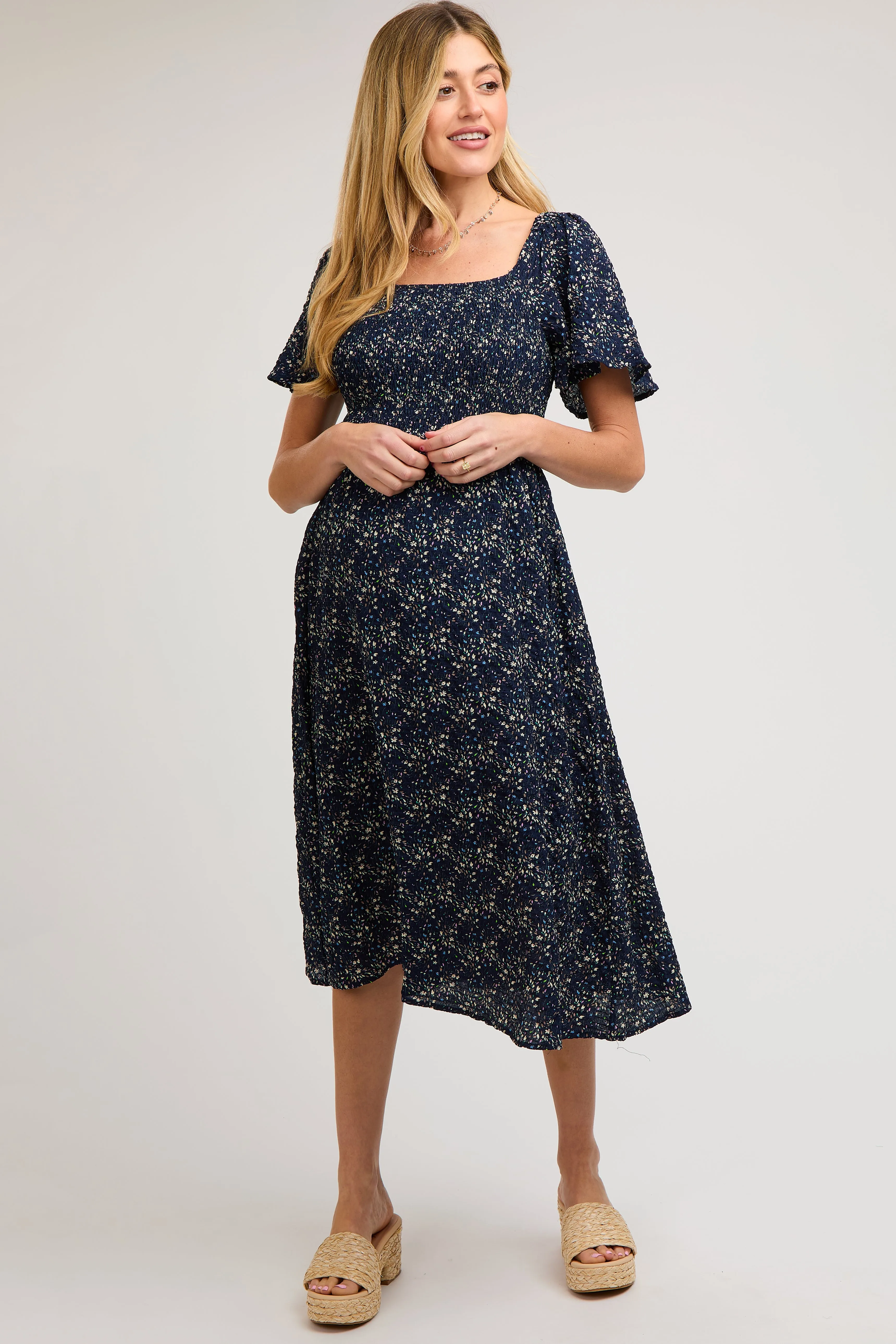 Navy Floral Square Neck Smocked Maternity Midi Dress sold by Pinkblush product image thumbnail 3