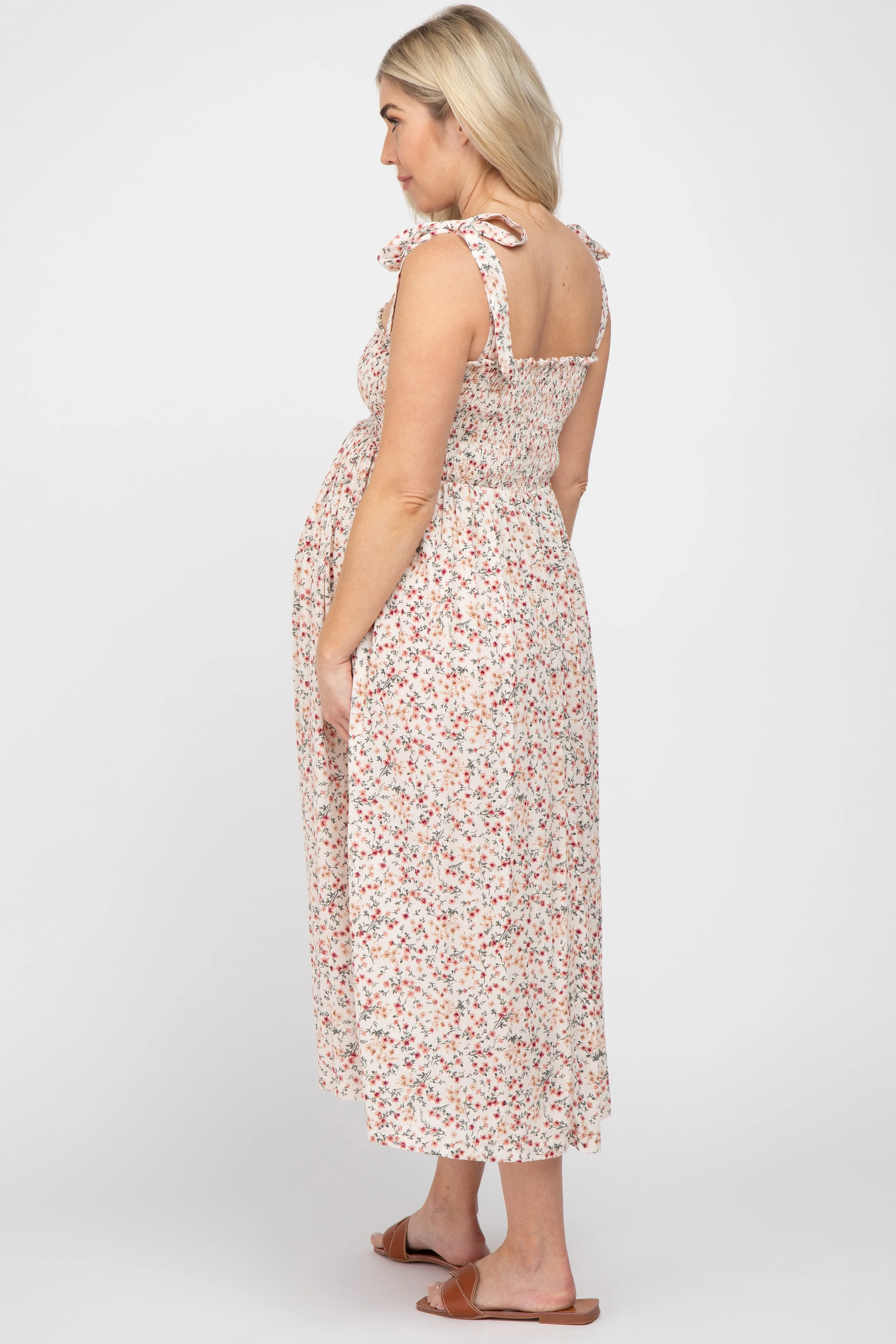Cream Floral Smocked Tie Strap Maternity Midi Dress sold by Pinkblush product image thumbnail 3