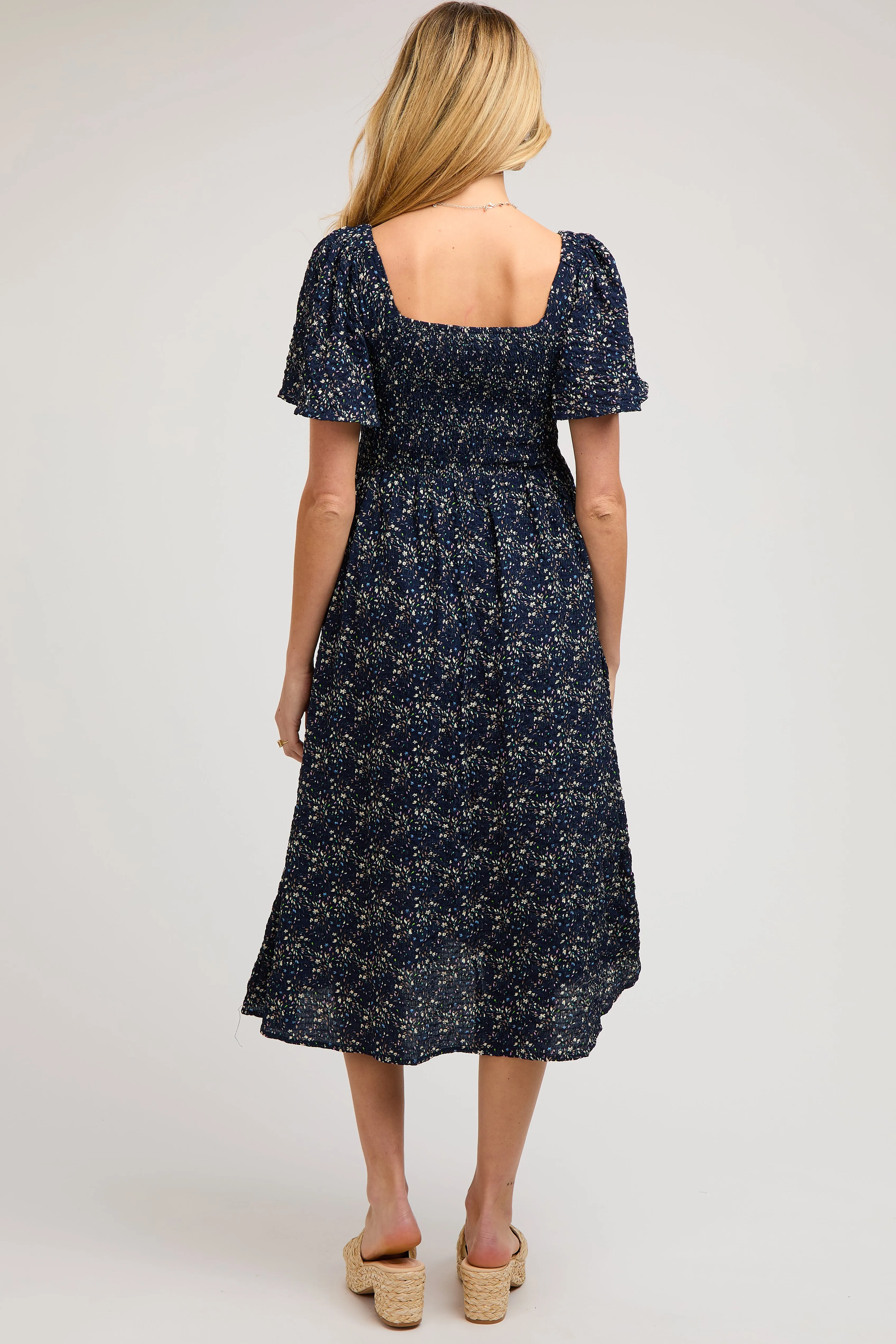 Navy Floral Square Neck Smocked Maternity Midi Dress sold by Pinkblush product image thumbnail 4