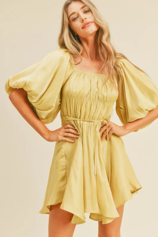 Yellow Metallic Bubble Sleeve Flared Mini Dress sold by Pinkblush