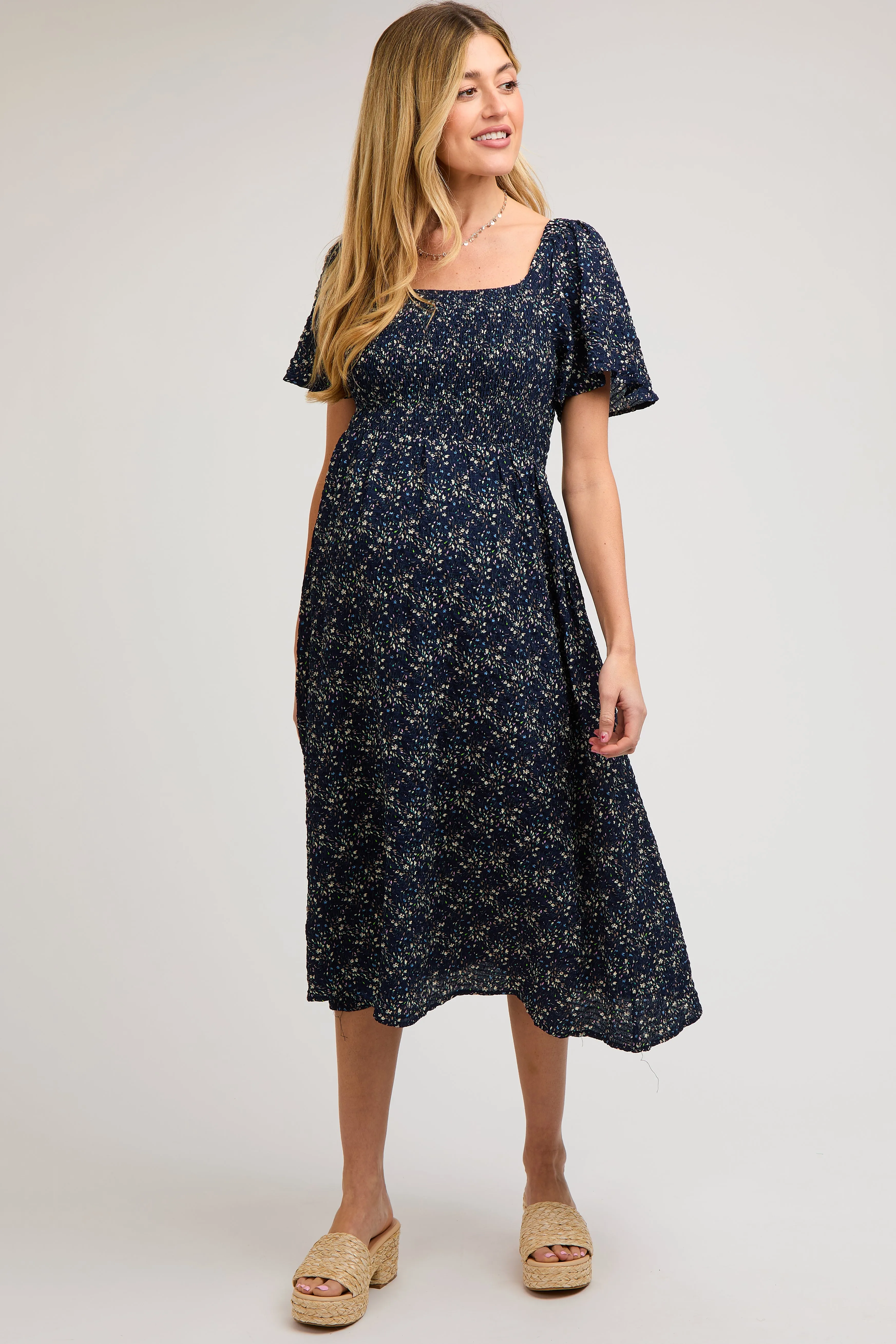 Navy Floral Square Neck Smocked Maternity Midi Dress sold by Pinkblush