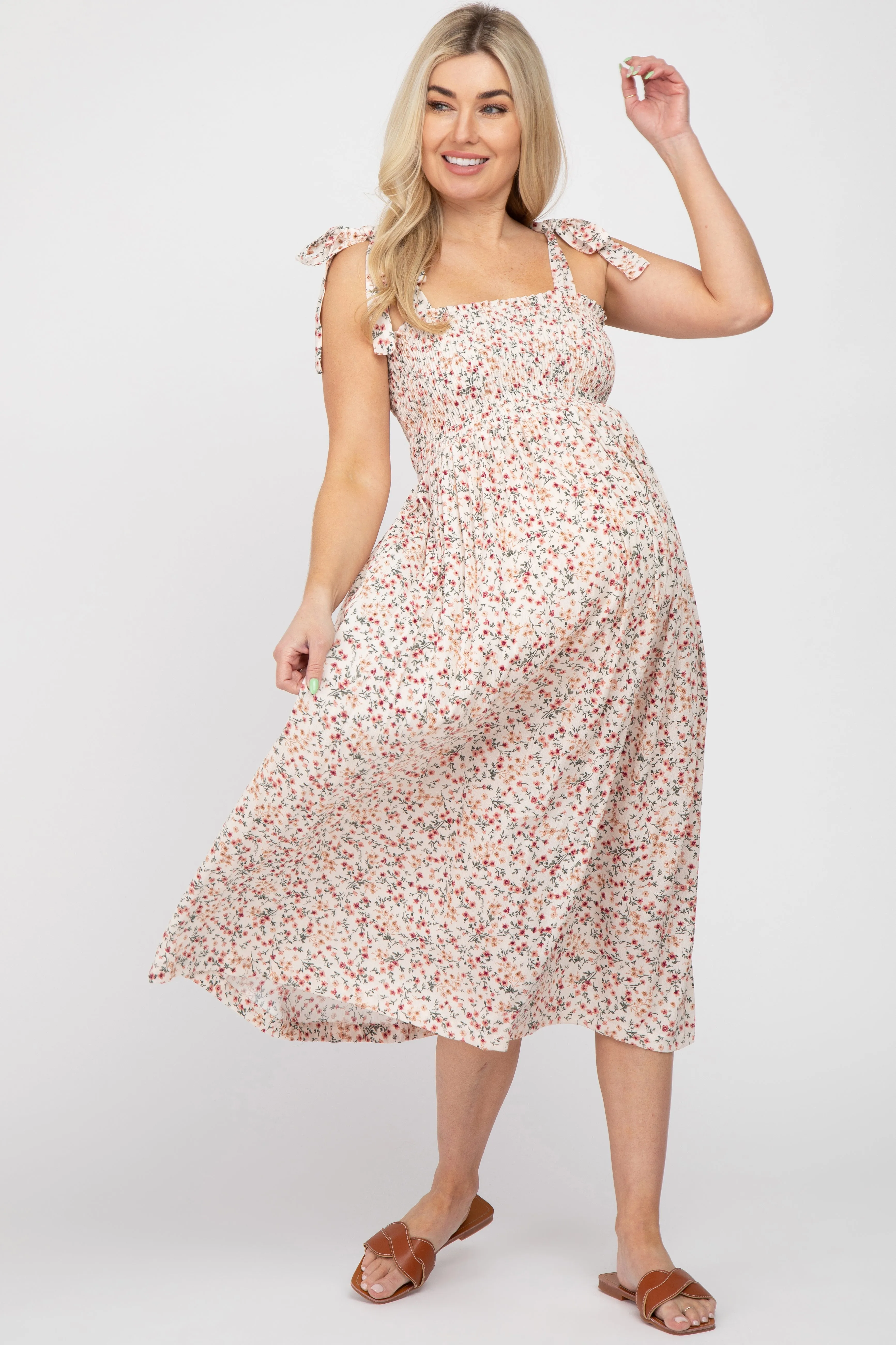 Cream Floral Smocked Tie Strap Maternity Midi Dress sold by Pinkblush
