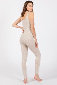 Beige V-Neck Seamless Ribbed Fitted Jumpsuit sold by Pinkblush
