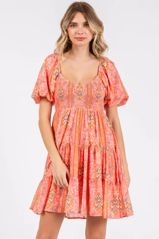 Pink Floral Smocked V-Neck Short Puff Sleeve Dress sold by Pinkblush