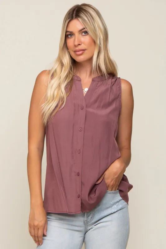 Mauve Sleeveless Front Button Top sold by Pinkblush