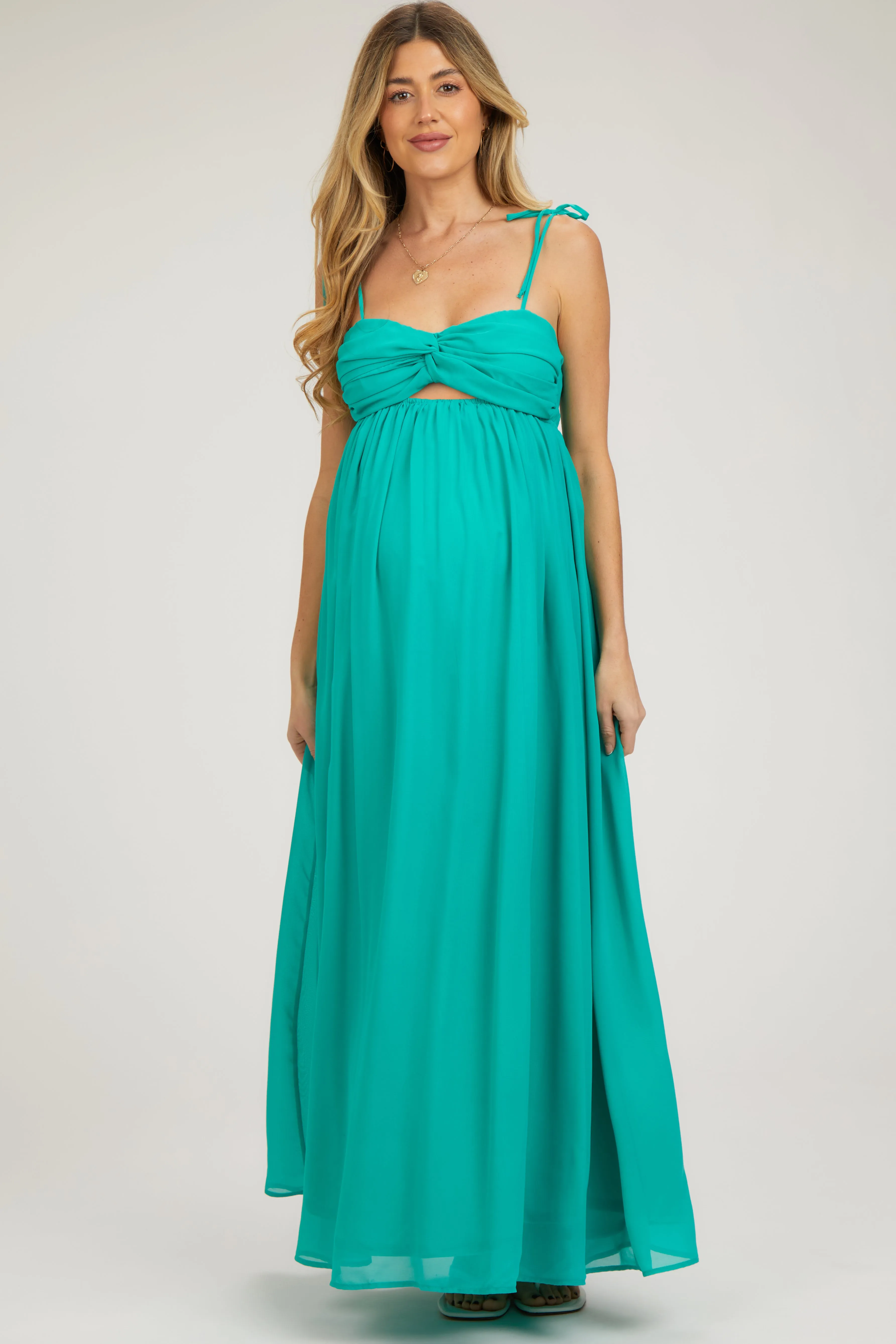 Jade Chiffon Sleeveless Cutout Front Maternity Maxi Dress sold by Pinkblush