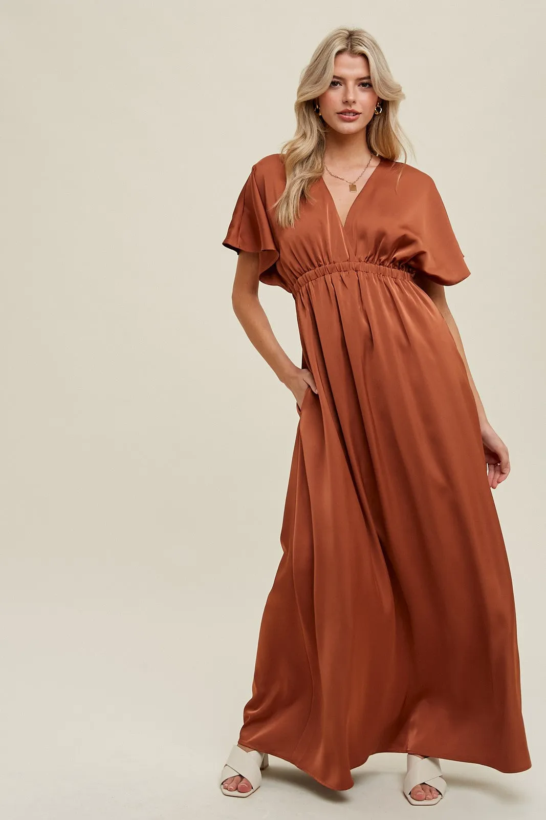 Rust Satin V-Neck Flutter Short Sleeve Maxi Dress sold by Pinkblush