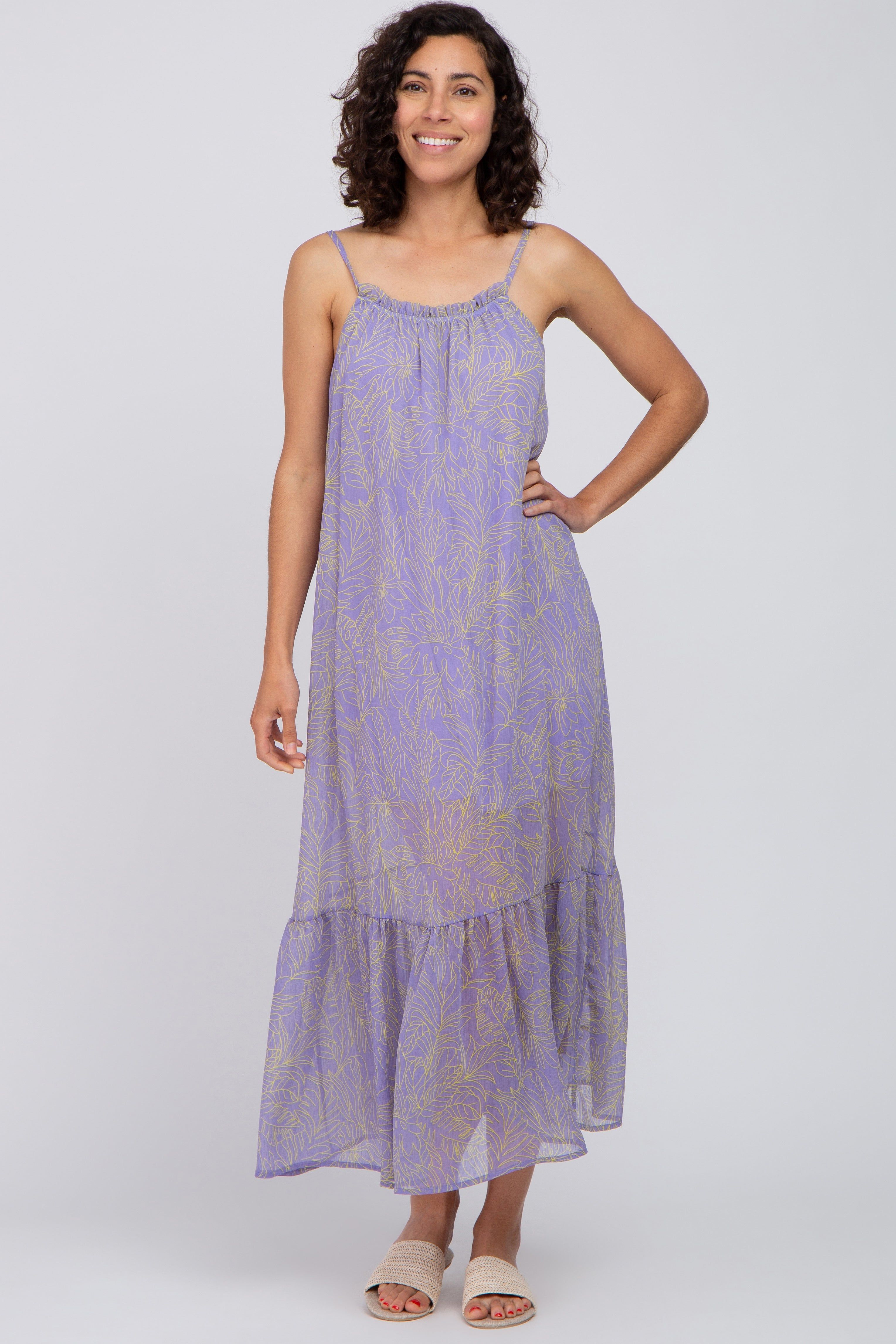 Lavender Chiffon Tropical Leaf Maxi Dress sold by Pinkblush