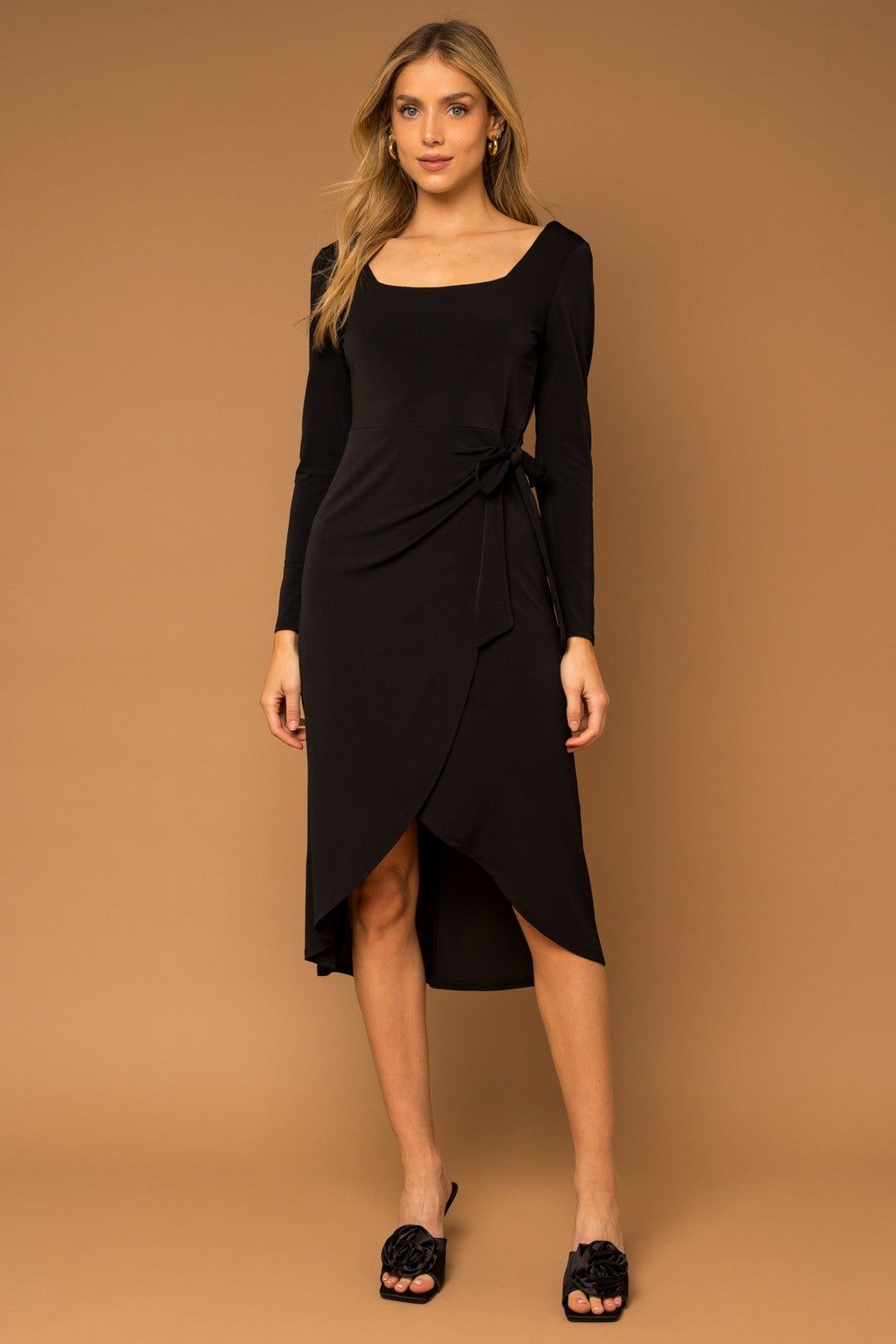 Black Long Sleeve Side Tie Midi Dress sold by Pinkblush