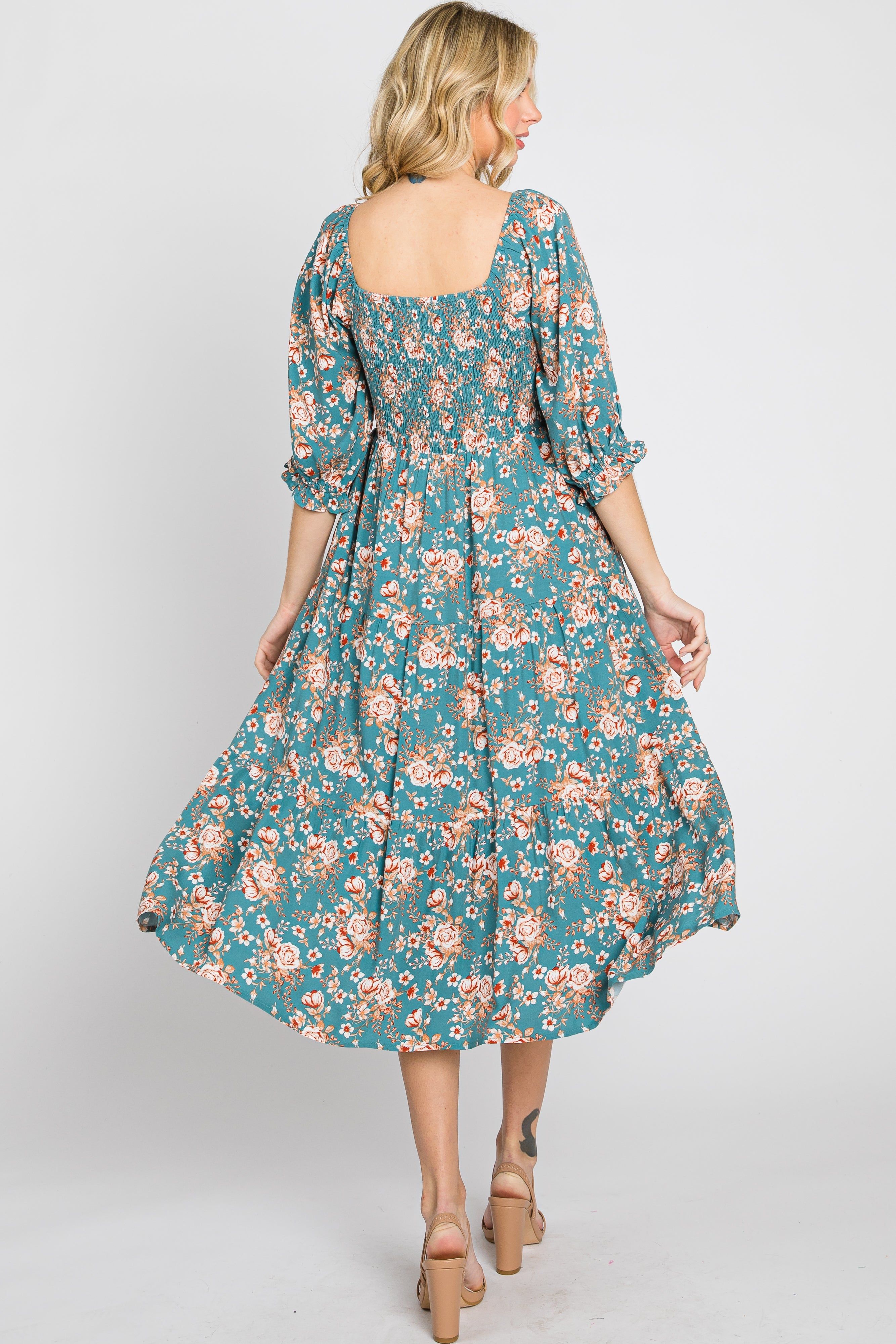 Jade Floral Smocked 3/4 Sleeve Midi Dress sold by Pinkblush product image thumbnail 3
