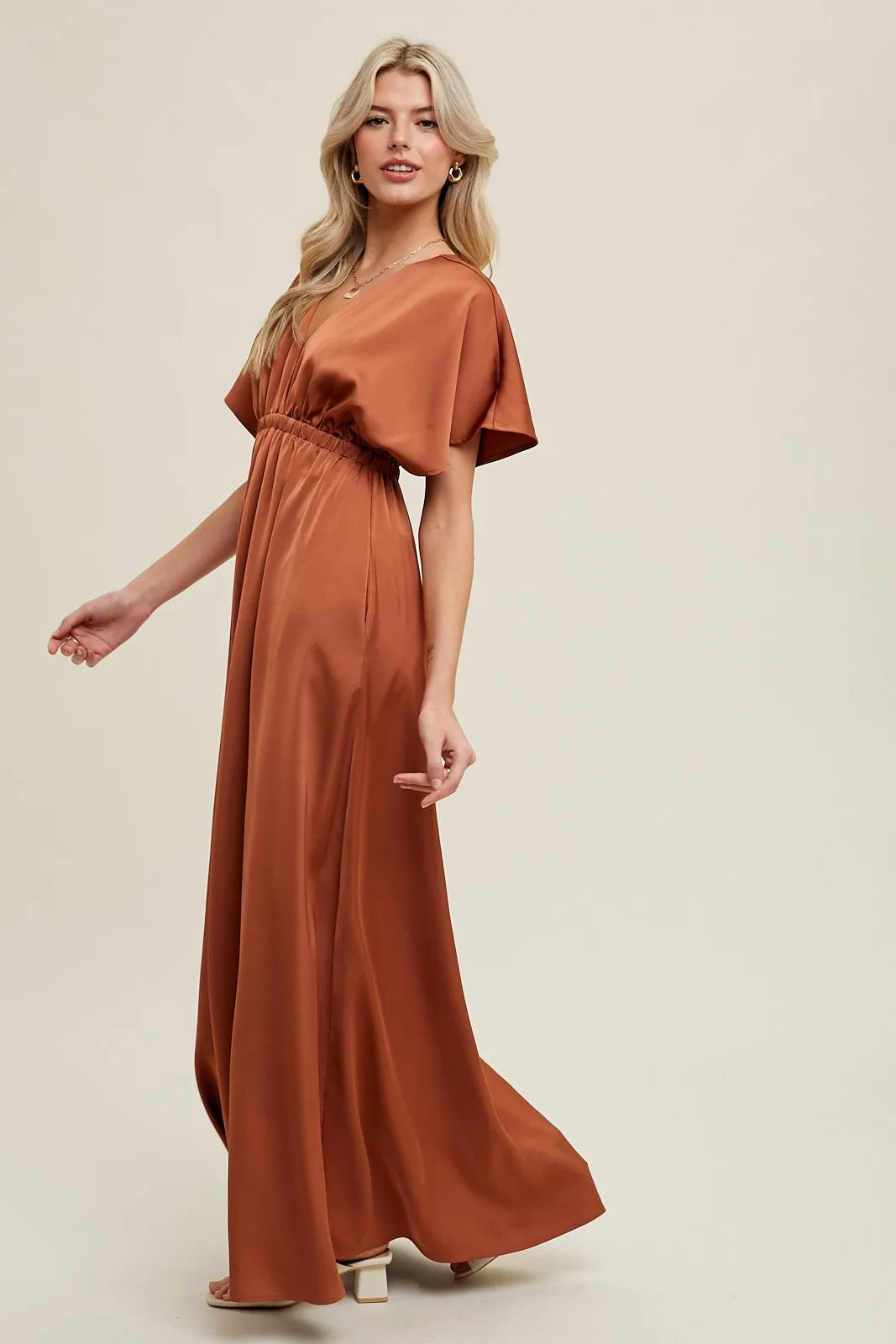 Rust Satin V-Neck Flutter Short Sleeve Maxi Dress sold by Pinkblush product image thumbnail 2