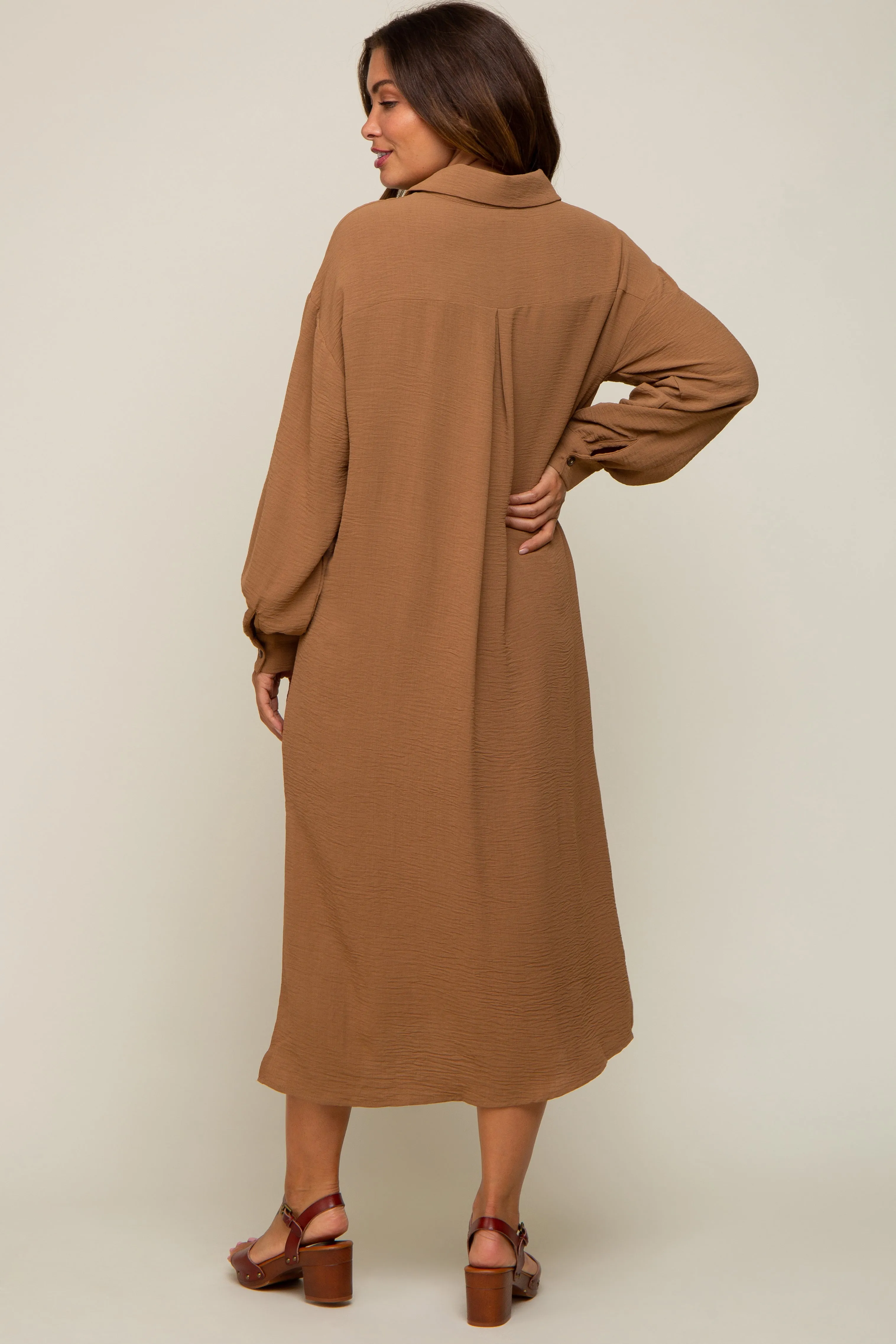 Camel Button Down Collared Maternity Maxi Dress sold by Pinkblush product image thumbnail 4
