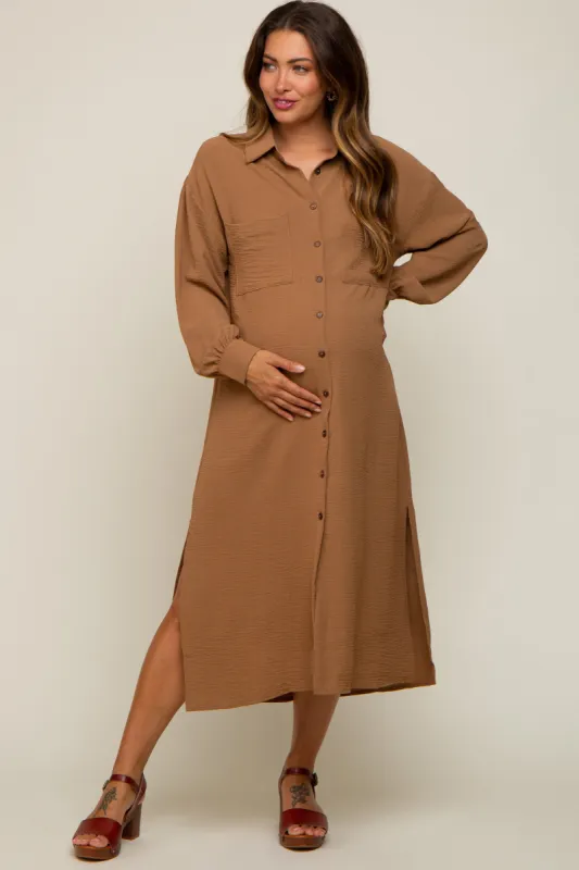 Camel Button Down Collared Maternity Maxi Dress sold by Pinkblush