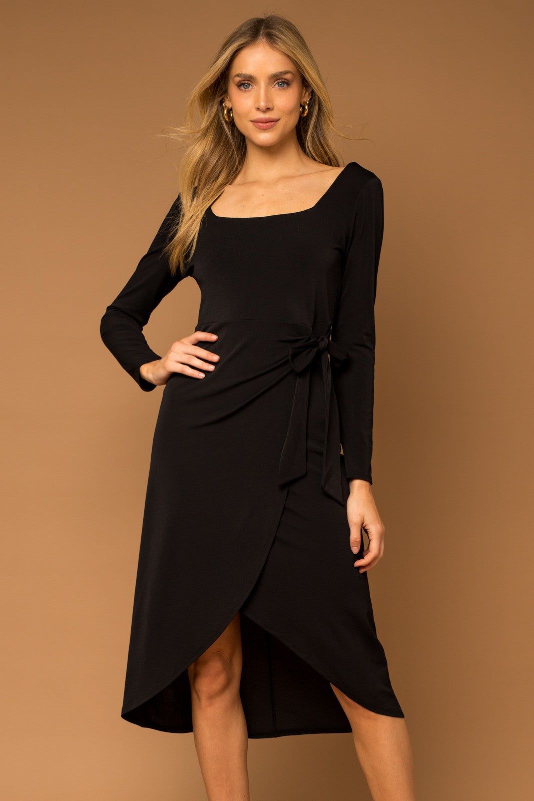 Black Long Sleeve Side Tie Midi Dress sold by Pinkblush product image thumbnail 2