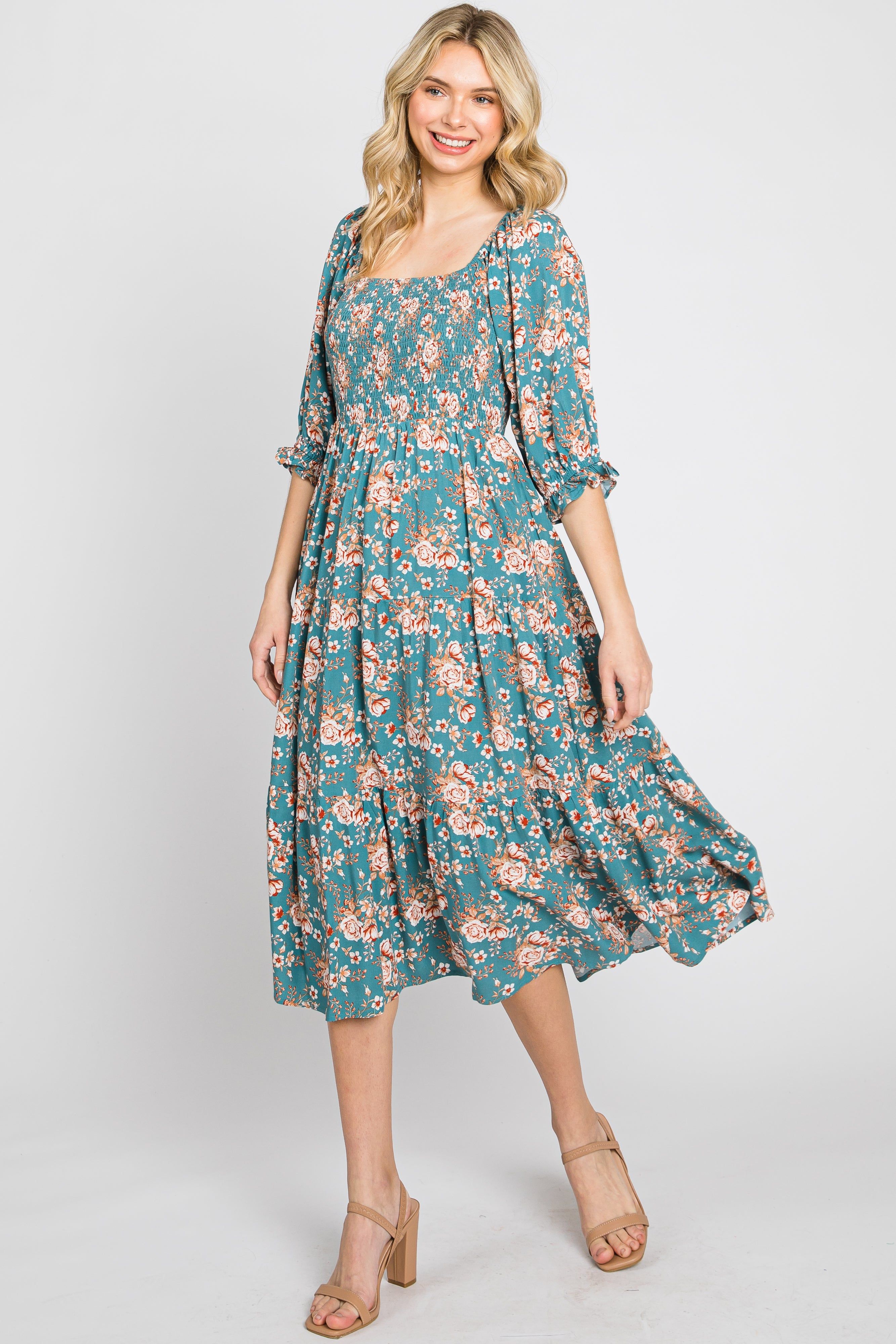 Jade Floral Smocked 3/4 Sleeve Midi Dress sold by Pinkblush