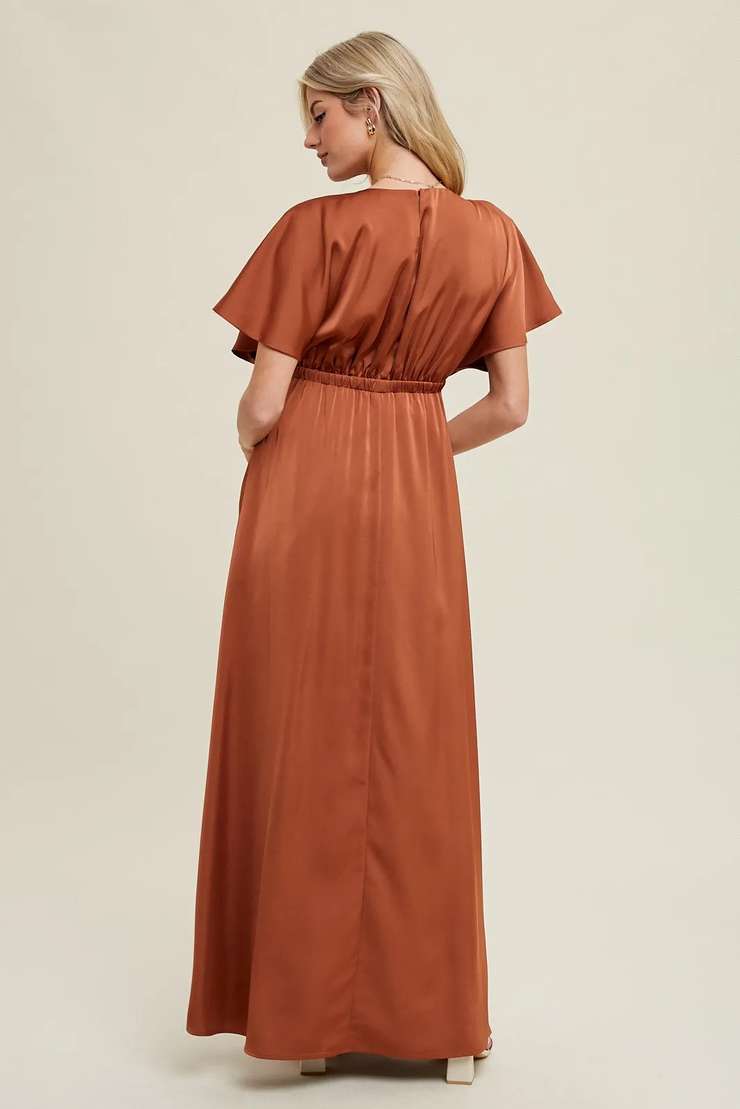 Rust Satin V-Neck Flutter Short Sleeve Maxi Dress sold by Pinkblush product image thumbnail 3