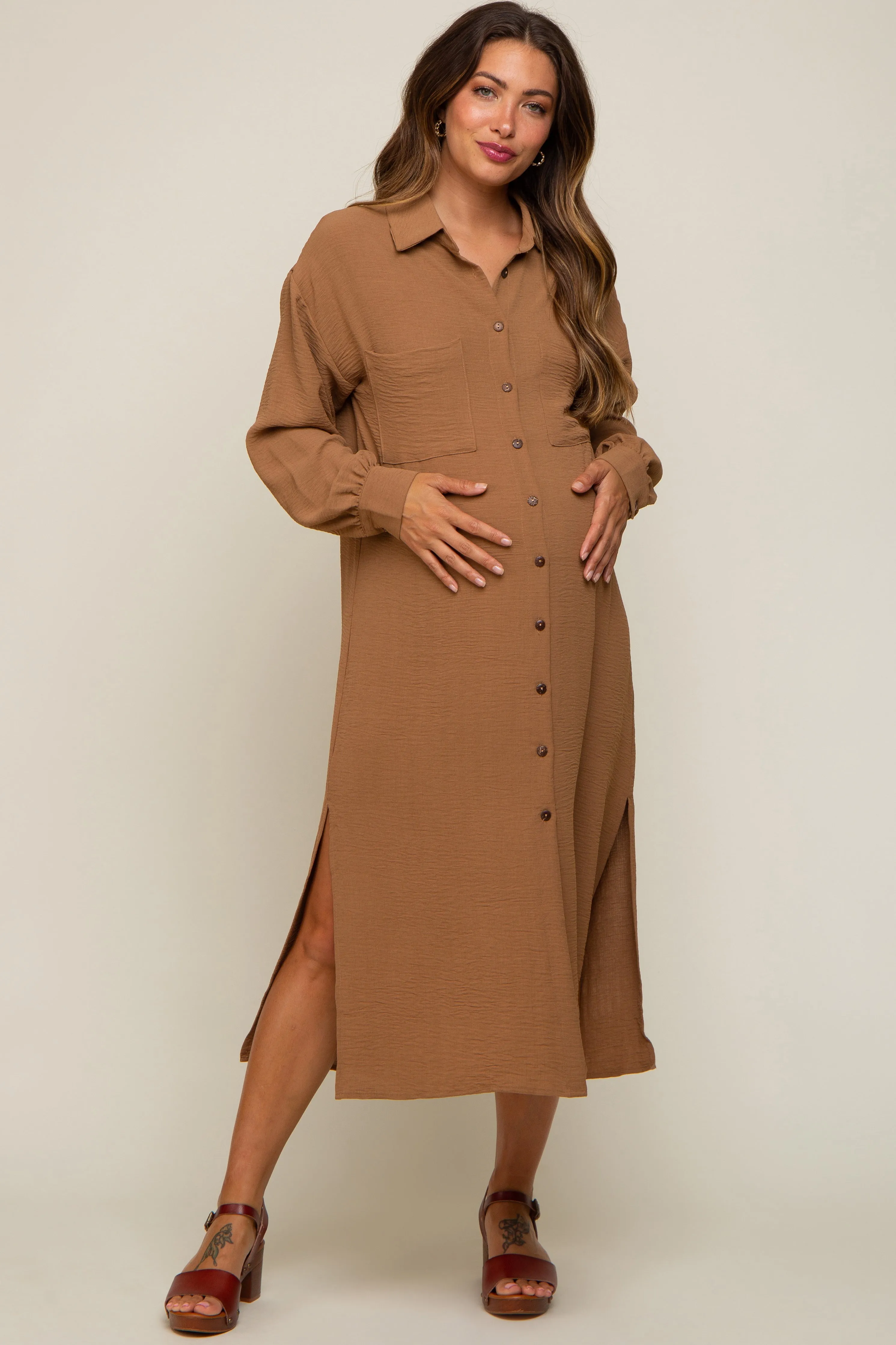Camel Button Down Collared Maternity Maxi Dress sold by Pinkblush product image thumbnail 2