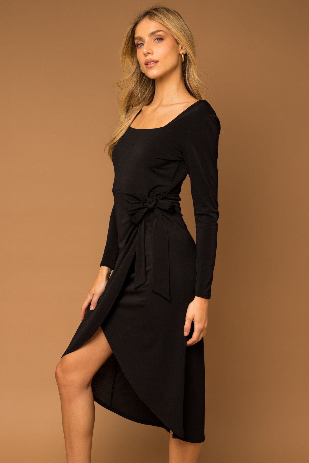 Black Long Sleeve Side Tie Midi Dress sold by Pinkblush product image thumbnail 3