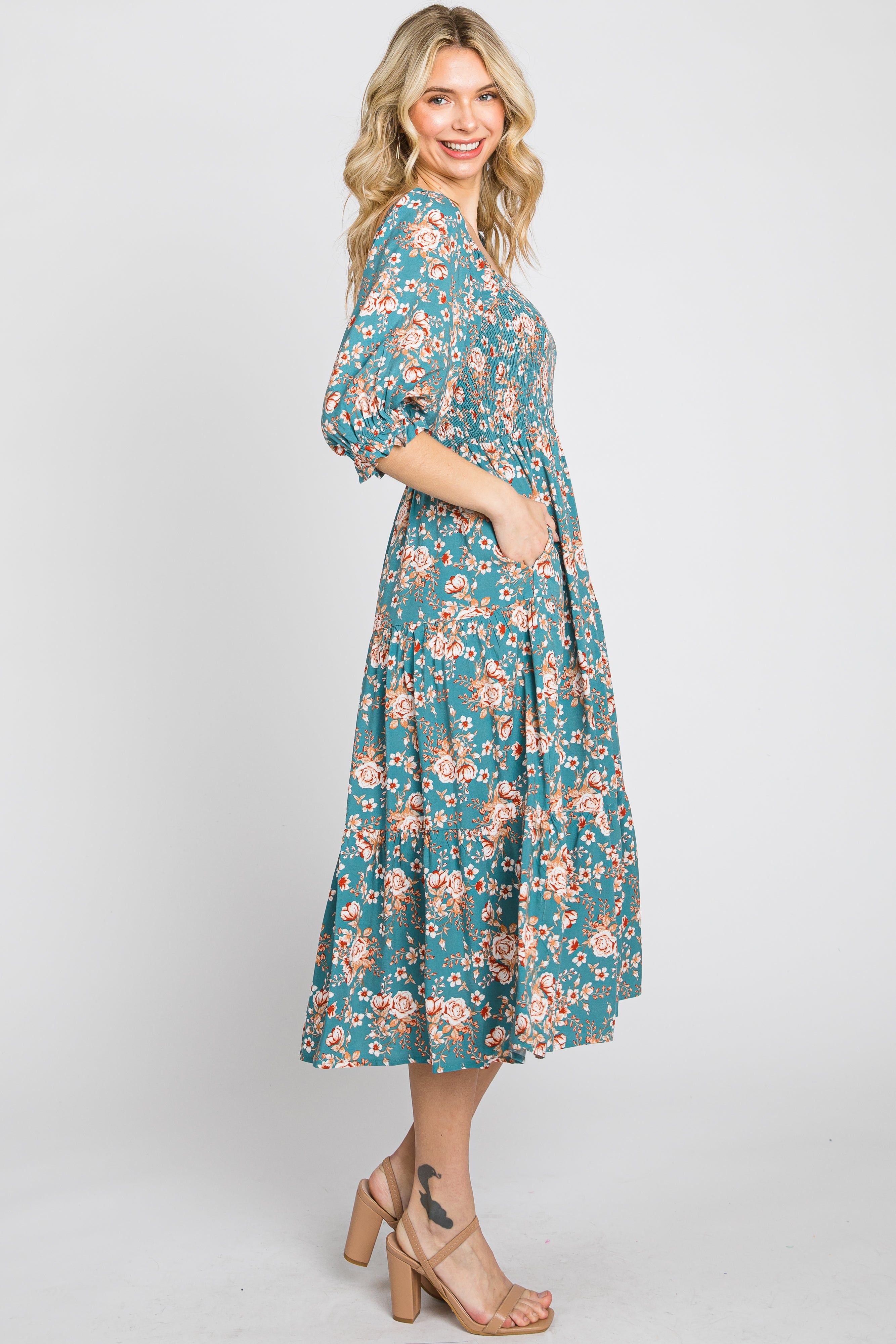 Jade Floral Smocked 3/4 Sleeve Midi Dress sold by Pinkblush product image thumbnail 2