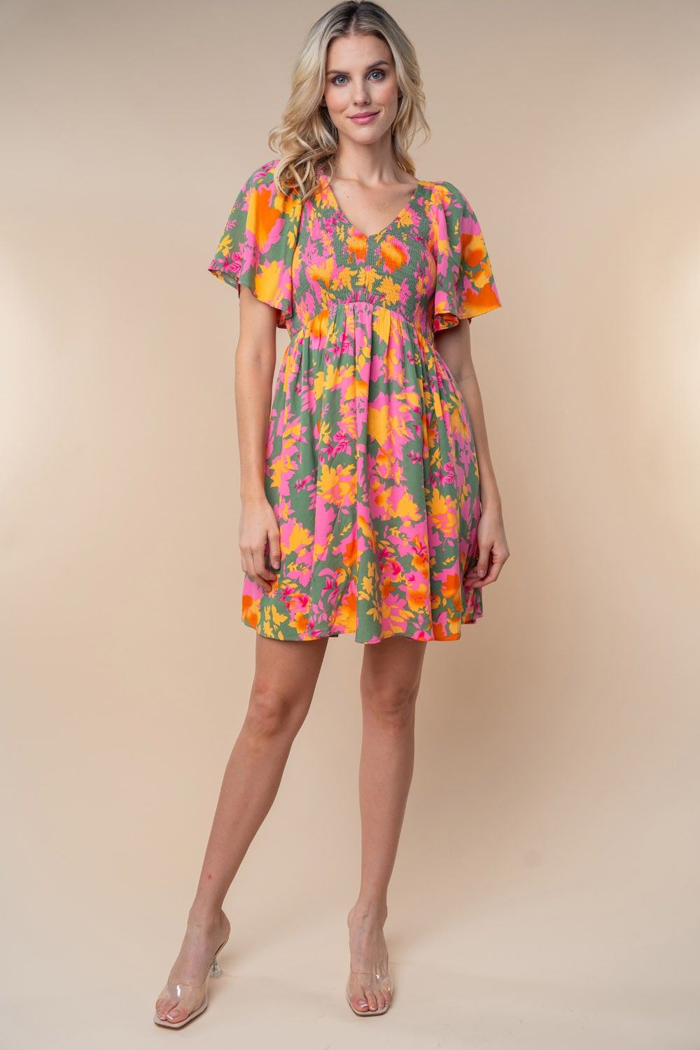 Olive Leaf Print Smocked V-Neck Dress sold by Pinkblush product image thumbnail 5