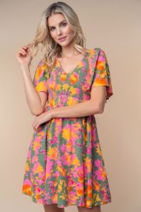 Olive Leaf Print Smocked V-Neck Dress sold by Pinkblush