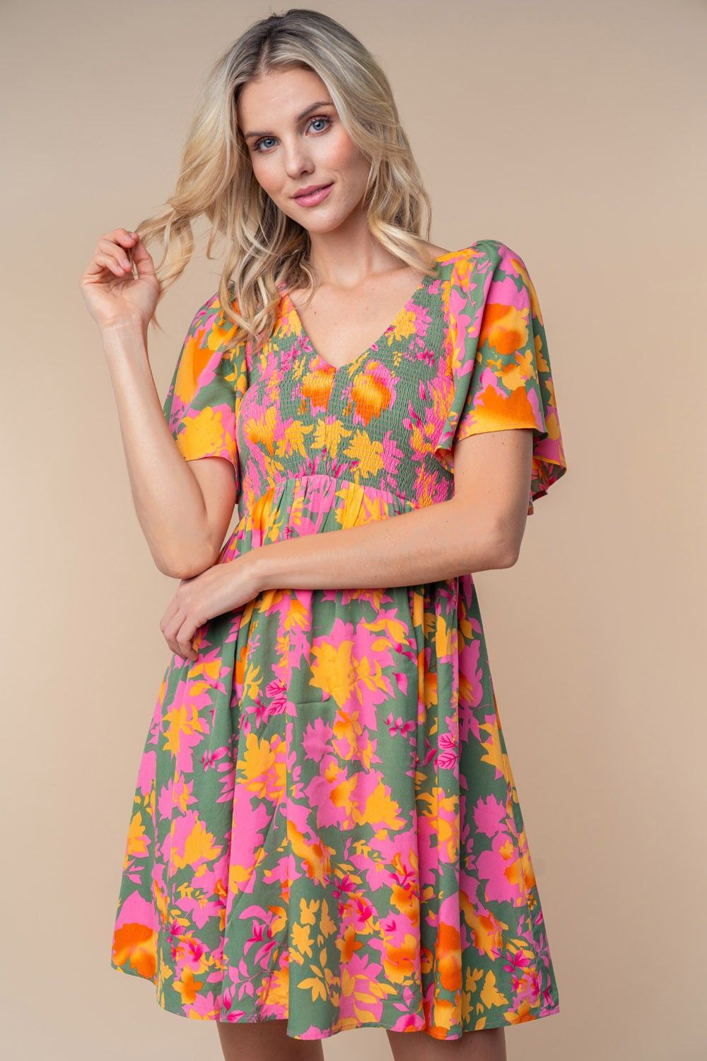 Olive Leaf Print Smocked V-Neck Dress sold by Pinkblush product image thumbnail 2