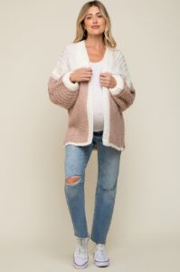 Mauve Color Blocked Chunky Knit Oversized Maternity Cardigan sold by Pinkblush