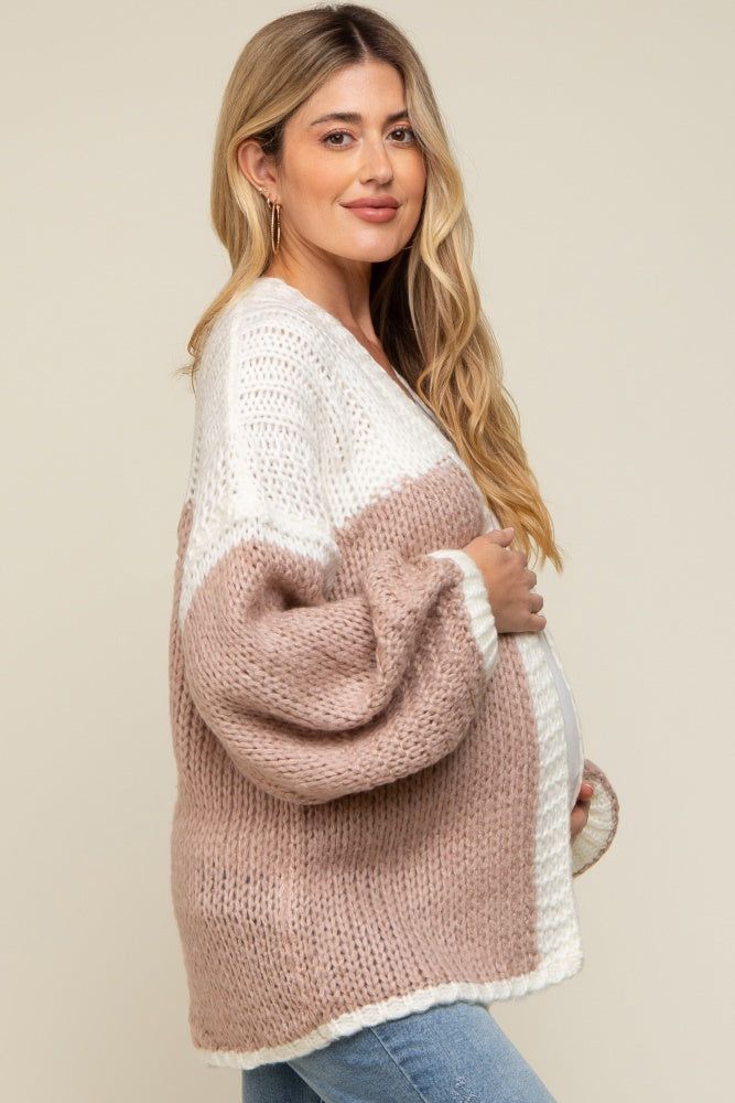 Mauve Color Blocked Chunky Knit Oversized Maternity Cardigan sold by Pinkblush product image thumbnail 2