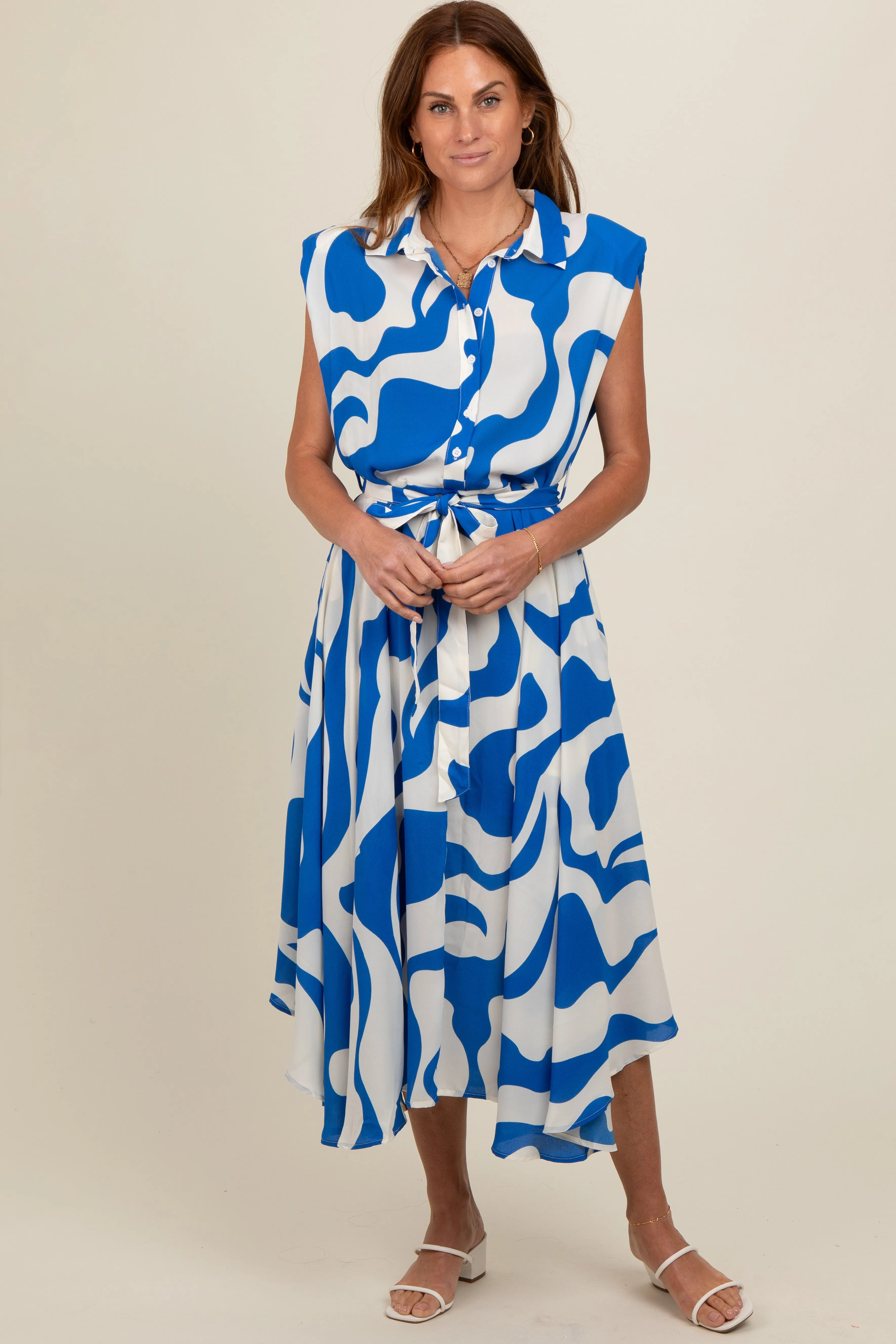 Blue Abstract Print Collared Belted Dress sold by Pinkblush
