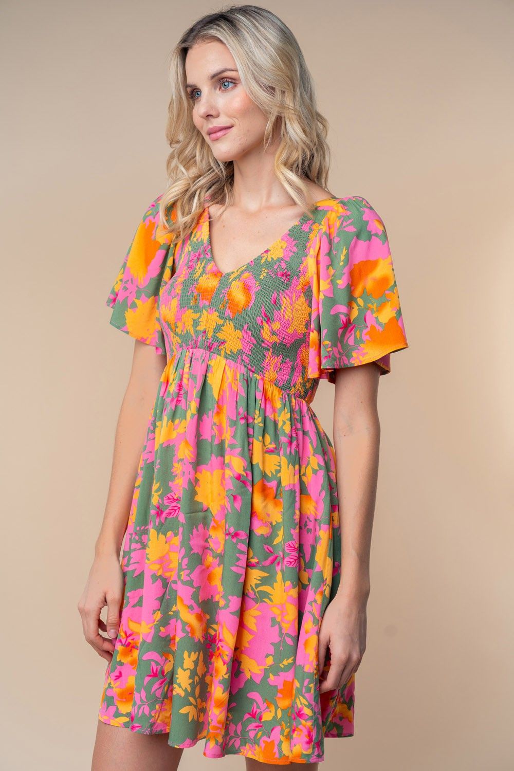 Olive Leaf Print Smocked V-Neck Dress sold by Pinkblush product image thumbnail 3