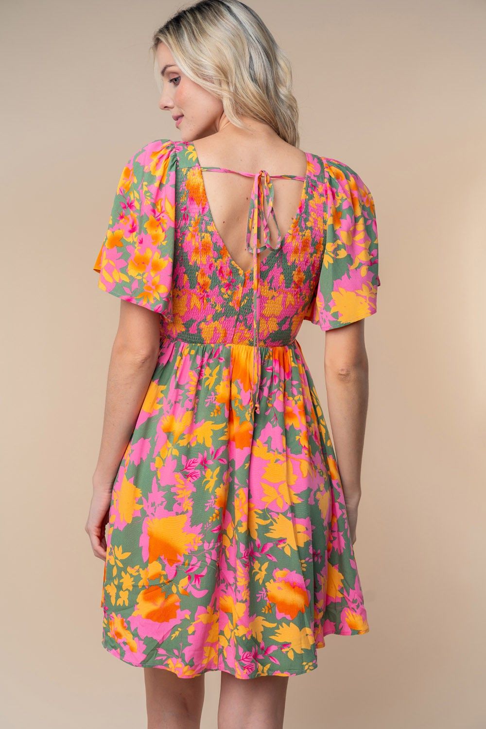 Olive Leaf Print Smocked V-Neck Dress sold by Pinkblush product image thumbnail 4